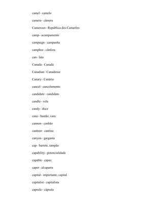 camel– camelo
camera– câmera
Cameroun– República dos Camarões
camp– acampamento
campaign– campanha
camphor– cânfora
can– lata
Canada– Canadá
Canadian– Canadense
Canary– Canário
cancel– cancelamento
candidate– candidato
candle– vela
candy– doce
cane– bastão, vara
cannon– canhão
canteen– cantina
canyon– garganta
cap– barrete, tampão
capability– potencialidade
capable– capaz
caper– alcaparra
capital– importante, capital
capitalist– capitalista
capsule– cápsula
 