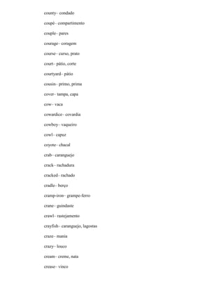 county– condado
coupé– compartimento
couple– pares
courage– coragem
course– curso, prato
court– pátio, corte
courtyard– pátio
cousin– primo, prima
cover– tampa, capa
cow– vaca
cowardice– covardia
cowboy– vaqueiro
cowl– capuz
coyote– chacal
crab– caranguejo
crack– rachadura
cracked– rachado
cradle– berço
cramp-iron– grampe-ferro
crane– guindaste
crawl– rastejamento
crayfish– caranguejo, lagostas
craze– mania
crazy– louco
cream– creme, nata
crease– vinco
 