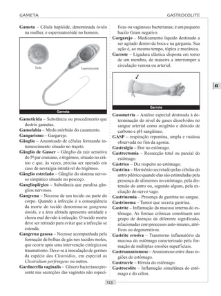 ○○○○○○○○○○○○○○○○○○○○○○○○○○○○○○○○○○○○○○○○○○○○○○○○○○○○○○○○○○○○○○○○○○○○○○○○○○○○○○○○○○○
G
Gameta – Célula haplóide, denominada óvulo
na mulher, e espermatozóide no homem.
ficas ou vaginoses bacterianas; é um pequeno
bacilo Gram negativo.
Gargarejo – Medicamento líquido destinado a
ser agitado dentro da boca e na garganta. Sua
ação é, ao mesmo tempo, tópica e mecânica.
Garrote – Ligadura elástica disposta em torno
de um membro, de maneira a interromper a
circulação venosa ou arterial.
Gameticida – Substância ou procedimento que
destrói gametas.
Gamofabia – Medo mórbido do casamento.
Gangarismo – Gargarejo.
Gânglio – Amontoado de células formando in-
tumescimento situado no trajeto.
Gânglio de Gasser – Gânglio da raiz sensitiva
do 5º par craniano, o trigêmeo, situado no crâ-
nio e que, às vezes, precisa ser operado em
caso de nevralgia intratável do trigêmeo.
Gânglio estrelado – Gânglio do sistema nervo-
so simpático situado no pescoço.
Ganglioplégico – Substância que paralisa gân-
glios nervosos.
Gangrena – Necrose de um tecido ou parte do
corpo. Quando a infecção é a conseqüência
da morte do tecido denomina-se gangrena
úmida, e a área afetada apresenta umidade e
cheira mal devido à infecção. O tecido morto
deve ser retirado para evitar que a infecção se
estenda.
Gangrena gasosa – Necrose acompanhada pela
formação de bolhas de gás nos tecidos moles,
que ocorre após uma intervenção cirúrgica ou
traumatismo. Deve-se à inoculação de germes
da espécie dos Clostridios, em especial os
Clostridium perfringens ou outros.
Gardnerella vaginalis – Gênero bacteriano pre-
sente nas secreções das vaginites não especí-
Gasometria – Análise especial destinada à de-
terminação do nível de gases dissolvidos no
sangue arterial como oxigênio e dióxido de
carbono e pH sangüíneo.
GASP – respiração repentina, ampla e ruidosa
observada no fim da agonia.
Gastralgia – Dor no estômago.
Gastrectomia – Ressecção total ou parcial do
estômago.
Gástrico – Diz respeito ao estômago.
Gastrina – Hormônio secretado pelas células do
antro pilórico quando elas são estimuladas pela
presença de alimentos no estômago, pela dis-
tensão do antro ou, segundo alguns, pela ex-
citação do nervo vago.
Gastrinemia – Presença de gastrina no sangue.
Gastrinoma – Tumor que secreta gastrina.
Gastrite – Inflamação da mucosa interna do es-
tômago. As formas crônicas constituem um
grupo de doenças de diferente significado,
relacionadas com processos auto-imunes, atró-
ficos ou degenerativos.
Gastrite erosiva – Transtorno inflamatório da
mucosa do estômago caracterizado pela for-
mação de múltiplas erosões superficiais.
Gastroanastomose –Anastomose entre duas re-
giões do estômago.
Gastrocele – Hérnia do estômago.
Gastrocolite – Inflamação simultânea do estô-
mago e do cólon.
GAMETA GASTROCOLITE
Gameta
Óvulo Espermatozóide
Garrote
©
 