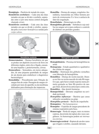 ○○○○○○○○○○○○○○○○○○○○○○○○○○○○○○○○○○○○○○○○○○○○○○○○○○○○○○○○○○○○○○○○○○○○○○○○○○○○○○○○○○○
H
Hemiplegia – Paralisia de metade do corpo.
Hemisférios cerebelares – Cada uma das duas
metades em que se divide o cerebelo, separa-
das entre si por uma massa central alongada
chamada vérmis
Hemisférios cerebrais – Cada uma das duas
metades em que se divide o cérebro, separa-
das pela cisura inter-hemisférica e unidas pelo
corpo caloso.
Hemofilia – Doença do sangue, congênita e he-
reditária, transmitida aos filhos homens por
meio do cromossomo X e leva à carência do
fator de coagulação.
Hemoftalmia – Hemorragia no olho.
Hemoglobina glicosada – Substância cuja aná-
lise no sangue serve para conhecer o controle
do diabetes em períodos grandes.
Hemocromatose – Doença hereditária em que
se produz um depósito excessivo de ferro em
diferentes órgãos, entre eles o fígado, causan-
do uma hepatite e, posteriormente, cirrose.
Hemocultura – Semeadura, em meios adequa-
dos, de uma pequena quantidade de sangue
de um doente para estabelecer o diagnóstico
bacteriológico.
Hemodiálise – Procedimento para filtração do
sangue fora do corpo. Passagem do sangue cir-
culante por meio de aparelho ou da membrana
dialisadora para eliminação das impurezas.
Hemoglobinúria – Presença de hemoglobina na
urina.
Hemograma – Estudo quantitativo e qualitativo
das células do sangue.
Hemólise – Destruição dos glóbulos vermelhos
com liberação de hemoglobina.
Hemolítica – Doença do recém-nascido. Doen-
ça no feto ou recém-nascido de mãe Rh nega-
tivo que, após haver estado exposta numa pri-
meira gestação ao fator Rh positivo do san-
gue fetal, desenvolveu anticorpos contra este.
Hemolítico – Que destrói hemácias.
Hemoperitônio – Derrame sangüíneo na cavi-
dade peritonial.
Hemophilus influenzae – Bactéria que causa
infecções secundárias na gripe.
Hemophilus pertussis – Bacilo da coqueluche.
Hemopoiese – Ver hematopoiese.
Hemoptise – Expulsão de sangue procedente do
sistema respiratório pela boca.
Hemorragia – Perda de sangue, mais ou menos
copiosa, decorrente da ruptura dos vasos san-
güíneos. As hemorragias podem ser internas
ou externas.
Hemorragia cerebral – Ruptura de um dos vasos
que irrigam o cérebro, causando derrame.
HEMIPLEGIA HEMORRAGIA
Hemisférios cerebrais
Ponte
Cerebelo
Cérebro
Hemodiálise
Hemoglobina glicosada
 