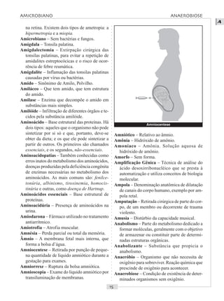○○○○○○○○○○○○○○○○○○○○○○○○○○○○○○○○○○○○○○○○○○○○○○○○○○○○○○○○○○○○○○○○○○○○○○○○○○○○○○○○○○○
A
na retina. Existem dois tipos de ametropia: a
hipermetropia e a miopia.
Amicrobiano – Sem bactérias e fungos.
Amígdala – Tonsila palatina.
Amigdalectomia – Extirpação cirúrgica das
tonsilas palatinas, para evitar a repetição de
amidalites estreptocócicas e o risco de ocor-
rência de febre reumática.
Amigdalite – Inflamação das tonsilas palatinas
causadas por vírus ou bactérias.
Amido – Sinônimo de Amilo, Polvilho.
Amiláceo – Que tem amido, que tem estrutura
do amido.
Amilase – Enzima que decompõe o amido em
substâncias mais simples.
Amilóide – Infiltração de diferentes órgãos e te-
cidos pela substância amilóide.
Aminoácido – Base estrutural das proteínas. Há
dois tipos: aqueles que o organismo não pode
sintetizar por si só e que, portanto, deve-se
obter da dieta; e os que ele pode sintetizar a
partir de outros. Os primeiros são chamados
essenciais, e os segundos, não-essenciais.
Aminoacidopatias – Também conhecidas como
erros inatos do metabolismo dos aminoácidos,
doenças produzidas pela deficiência congênita
de enzimas necessárias no metabolismo dos
aminoácidos. As mais comuns são: fenilce-
tonúria, albinismo, tirosinemia, homocis-
tinúria e outras, como doença de Hartnup.
Aminoácidos essenciais – Base estrutural de
proteínas.
Aminoacidúria – Presença de aminoácidos na
urina.
Amiodarona – Fármaco utilizado no tratamento
antiarrítmico.
Amiotrofia – Atrofia muscular.
Amnésia – Perda parcial ou total da memória.
Âmnio – A membrana fetal mais interna, que
forma a bolsa d’água.
Amniocentese – Retirada por punção de peque-
na quantidade de líquido amniótico durante a
gestação para exames.
Amniorrexe – Ruptura da bolsa amniótica.
Amnioscopia – Exame do líquido amniótico por
transiluminação de membranas.
Amniótico – Relativo ao âmnio.
Amônia – Hidróxido de amônio.
Amoníaco – Amônia. Solução aquosa de
hidróxido de amônio.
Amorfo – Sem forma.
Amplificação Gênica – Técnica de análise do
ácido desoxirribonucléico que se presta à
automatização e utiliza conceitos de biologia
molecular.
Ampola – Denominação anatômica de dilatação
de canais do corpo humano, exemplo por am-
pola retal.
Amputação – Retirada cirúrgica de parte do cor-
po, de um membro ou decorrente de trauma
violento.
Amusia – Distúrbio da capacidade musical.
Anabolismo – Parte do metabolismo dedicado a
formar moléculas, geralmente com o objetivo
de armazenar ou constituir parte de determi-
nadas estruturas orgânicas.
Anabolizante – Substância que propicia o
anabolismo.
Anaeróbio – Organismo que não necessita de
oxigênio para sobreviver. Reação química que
prescinde de oxigênio para acontecer.
Anaerobiose – Condição de existência de deter-
minados organismos sem oxigênio.
Amniocentese
AMICROBIANO ANAEROBIOSE
 