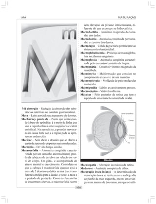 ○○○○○○○○○○○○○○○○○○○○○○○○○○○○○○○○○○○○○○○○○○○○○○○○○○○○○○○○○○○○○○○○○○○○○○○○○○○○○○○○○○○
Má absorção – Redução da absorção das subs-
tâncias nutritivas no conduto gastrintestinal.
Maca – Leito portátil para transporte de doentes.
Macburney, ponto de – Ponto que correspon-
de à base do apêndice; é o meio da linha que
une a espinha ilíaca anterosuperior à cicatriz
umbilical. Na apendicite, a pressão provoca-
da ali causa forte dor, e a região pode se apre-
sentar endurecida.
Macicez – Som cheio e obscuro que se obtém a
partir da percussão de partes mais condensadas.
Macróbio – De vida longa, ancião.
Macrocefalia – Anomalia congênita caracte-
rizada por um tamanho anormalmente gran-
de da cabeça e do cérebro em relação ao res-
to do corpo. Em geral, é acompanhada de
atraso mental e crescimento. Considera-se
que a cabeça é macrocéfala quando está a
mais de 2 desvios-padrões acima da circun-
ferência média para a idade, o sexo, a raça e
o período de gestação. Como as fontanelas
se encontram abertas, a macrocefalia ocorre
sem elevação da pressão intracraniana, di-
ferente do que acontece na hidrocefalia.
Macrodactilia – Aumento exagerado do tama-
nho dos dedos.
Macrodontia – Anomalia constituída por tama-
nho excessivo dos dentes.
Macrófagos – Célula fagocitária pertencente ao
sistema reticuloendotelial.
Macroglobulinemia – Presença de macroglobu-
lina no plasma sanguíneo.
Macroglossia – Anomalia congênita caracteri-
zada pelo excessivo tamanho da língua.
Macrognatia – Desenvolvimento exagerado da
mandíbula.
Macromelia – Malformação que consiste no
comprimento excessivo de um membro.
Macromolécula – Molécula de peso molecular
muito alto.
Macroqueilia – Lábios excessivamente grossos.
Macroscópico – Visível a olho nu.
Máculas – Pólo posterior da retina que tem o
aspecto de uma mancha amarelada ovalar.
Maculopatia – Alteração da mácula da retina.
Madarose – Ausência completa de cílios.
Maturação óssea infantil – A determinação da
maturação óssea se realiza com a radiografia
do punho da mão esquerda, exceto em crian-
ças com menos de dois anos, em que se utili-
Máculas
Lente (cristalino)
Córnea
Câmara
anterior
Íris
MÁ MATURAÇÃO
 