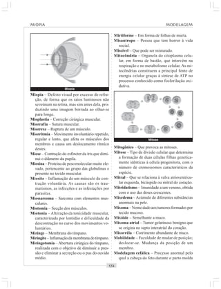 ○○○○○○○○○○○○○○○○○○○○○○○○○○○○○○○○○○○○○○○○○○○○○○○○○○○○○○○○○○○○○○○○○○○○○○○○○○○○○○○○○○○
Miopia – Defeito visual por excesso de refra-
ção, de forma que os raios luminosos não
se reúnam na retina, mas sim antes dela, pro-
duzindo uma imagem borrada ao olhar-se
para longe.
Mioplastia – Correção cirúrgica muscular.
Miorrafia – Sutura muscular.
Miorrexe – Ruptura de um músculo.
Miorritmia – Movimento involuntário repetido,
regular e lento, que afeta os músculos dos
membros e causa um deslocamento rítmico
destes.
Miose – Contração do esfíncter da íris que dimi-
nui o diâmetro da pupila.
Miosina – Proteína de peso molecular muito ele-
vado, pertencente ao grupo das globulinas e
presente no tecido muscular.
Miosite – Inflamação de um músculo de con-
tração voluntária. As causas são os trau-
matismos, as infecções e as infestações por
parasitas.
Miossarcoma – Sarcoma com elementos mus-
culares.
Miotomia – Secção dos músculos.
Miotonia – Alteração da tonicidade muscular,
caracterizada por lentidão e dificuldade da
descontração no curso dos movimentos vo-
luntários.
Miringe – Membrana do tímpano.
Miringite – Inflamação da membrana do tímpano.
Miringotomia – Abertura cirúrgica do tímpano,
realizada com o objetivo de diminuir a pres-
são e eliminar a secreção ou o pus do ouvido
médio.
Mirtiforme – Em forma de folhas de murta.
Misantropo – Pessoa que tem horror à vida
social.
Miscível – Que pode ser misturado.
Mitocôndria – Organela do citoplasma celu-
lar, em forma de bastão, que intervém na
respiração e no metabolismo celular. As mi-
tocôndrias constituem a principal fonte de
energia celular graças à síntese de ATP no
processo conhecido como fosforilação oxi-
dativa.
Mitogênico – Que provoca as mitoses.
Mitose – Tipo de divisão celular que determina
a formação de duas células filhas genetica-
mente idênticas à célula progenitora, com o
número de cromossomos característicos da
espécie.
Mitral – Que se relaciona à valva atrioventricu-
lar esquerda, bicúspide ou mitral do coração.
Mitridatismo – Imunidade a um veneno, obtida
com o uso das doses crescentes.
Mixedema – Acúmulo de diferentes substâncias
anormais na pele.
Mixoma – Nome dado aos tumores formados por
tecido mucoso.
Mixóide – Semelhante a muco.
Mixoma atrial – Tumor gelatinoso benigno que
se origina no septo interatrial do coração.
Mixorréia – Corrimento abundante de muco.
Mobilidade – Faculdade de mudar de posição;
deslocar-se. Mudança da posição de um
membro.
Modelagem cefálica – Processo anormal pelo
qual a cabeça do feto durante o parto molda
Miopia
Mitose
MIOPIA MODELAGEM
 