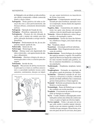 ○○○○○○○○○○○○○○○○○○○○○○○○○○○○○○○○○○○○○○○○○○○○○○○○○○○○○○○○○○○○○○○○○○○○○○○○○○○○○○○○○○○
N
de Malpighi) e de um túbulo ou tubo urinífero;
este último compreende o túbulo contorcido
distal e o ducto coletor.
Nefropatia – Nome genérico de todas as do-
enças dos rins e, mais particularmente, das
doenças difusas, comumente denominadas
nefrites.
Nefropexia – Operação de fixação do rim.
Nefropiose – Pionefrose, supuração do rim.
Nefroplastia – Picatura do rim efetuada de
modo a pôr e manter em contato seus dois
pólos; operação destinada a corrigir uma hi-
dronefrose.
Nefroptose – Deslocamento do rim, de seu alo-
jamento natural; queda do rim.
Nefrorrafia – Sutura do rim.
Nefrorragia – Hemorragia do rim.
Nefrose – Doença renal com degeneração dos
tubos contorcidos, com aparecimento de ede-
mas e albuminúria.
Nefrostomia – Abertura cirúrgica de uma co-
municação entre o rim e o exterior para dre-
nagem.
Nefrotomia – Incisão do rim.
Negação – Mecanismo de defesa inconscien-
te pelo qual se evitam os conflitos emocio-
nais e a ansiedade mediante recusa a pen-
samentos, sentimentos, desejos ou impul-
sos que sejam intoleráveis ou inaceitáveis
de forma consciente.
Negativismo – Comportamento anormal carac-
terizado por uma resistência, oposição e recu-
sa à cooperação, mesmo diante dos argumen-
tos mais razoáveis.
Negativo, falso – Característica de estudos ou
testes nos quais uma doença está presente
embora o teste de identificação seja negativo.
Neisseria – Gênero de diplococo, como o da go-
norréia, o da meningite e outros.
Nematelmintos –Vermes da classe dos Helmin-
tos, cilíndricos e longos, com corpos não seg-
mentados.
Neo – Neoplasia, câncer.
Neoartrose – Articulação artificial substituta.
Neocerebelo – Parte filogeneticamente mais re-
cente do cerebelo.
Neodarwinismo – Teoria biológica da evolução
das espécies animais e vegetais. Ela modifica
aquela de Darwin em função dos conhecimen-
tos mais recentes trazidos pela genética, so-
bre os caracteres hereditários e as mutações,
nas populações.
Neoformação – Neoplasma; neoplasia; tumor;
câncer.
Neoglicogênese – Formação, no organismo, de
glicogênio a partir de proteínas e de lipídios.
Neomicina – Substância extraída de um Acti-
nomyces, o Streptomyces fradiae, e dotada de
potente atividade antibiótica face a numerosos
germes Gram positivos e Gram negativos.
Neonatal – Referente aos primeiros dias de vida.
Relativo a recém-nascido.
Neonatologia – Ramo da Pediatria que se ocupa
dos cuidados aos recém-nascidos.
Neoplasia – Crescimento de um tecido novo que
pode ser benigno ou maligno.
Nervo – Cordão cilíndrico esbranquiçado consti-
tuído pelos axônios das células dos centros ner-
vosos, os quais se ligam aos diversos órgãos.
Nervos espinais – Trinta e um pares de nervos
que estão unidos à medula espinal, denomi-
nando-se por um número segundo o nível da
vértebra em que emergem. Dessa forma, exis-
tem oito pares de nervos cervicais, doze paresNéfron
Túbulo contorcido
proximal
Corpúsculo
renal
Alça de Henle Ducto
coletor
Túbulo contorcido
distal
NEFROPATIA NERVOS
 