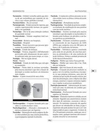 ○○○○○○○○○○○○○○○○○○○○○○○○○○○○○○○○○○○○○○○○○○○○○○○○○○○○○○○○○○○○○○○○○○○○○○○○○○○○○○○○○○○
N
Normócito – Glóbulo vermelho adulto que deri-
va de um normoblasto por expulsão do nú-
cleo e cujo volume globular é normal.
Normocrômico – De cor normal.
Normospermia – Estado normal do esperma, que
contém espermatozóide normais em quanti-
dade e em qualidade.
Normotipo – Diz-se de uma contração cardíaca
de qualidade normal.
Normovolemia – Volume sangüíneo total nor-
mal.
Nosocomial – Relativo aos hospitais.
Nosocômio – Hospital.
Nosofobia – Temor excessivo que pessoas apre-
sentam de contrair doenças.
Nosologia – Estudo das doenças.
Nostalgia – Tristeza, languidez e definhamento
provocados pelo afastamento do país natal e
do ambiente onde, por muito tempo, se viveu.
Notalgia – Dor na região dorsal.
Nóxio – Nocivo.
Nubilidade – Estado do indivíduo que está apto
ao casamento.
Nuclease – Nome dado às enzimas secretadas
pela mucosa intestinal e que têm a função de
decompor as ácidos nucléicos em elementos
mais simples.
Núcleo – A parte essencial de uma célula.
Nucléolo – Corpúsculo esférico presente no nú-
cleo celular; neste se efetua a síntese do ácido
ribonucléico.
Nucleoplasma – Protoplasma nuclear.
Nucleoproteína –Variedade de proteína comple-
xa resultante da combinação de uma proteína
com um ácido nucléico.
Nucleosidase – Enzima secretada pela mucosa
intestinal e que decompõe os nucleosídeos li-
berados pela fosfatase em glicídios e em ba-
ses purínicas ou pirimidínicas.
Nucleossomo – Elemento cromatínico granulo-
so constituído de um fragmento do ADN
(DNA) que comporta cerca de 200 pares de
bases e de 8 moléculas de histona.
Nucleotídeo – Substância química constituída
pela união de um glicídio, de uma base purí-
nica ou pirimidínica e de uma molécula de
ácido fosfórico. Forma a unidade primária do
ácido desoxirribonucleico.
Nuligesta – Mulher que nunca ficou grávida.
Nulípara – Mulher que nunca deu à luz. Pode
não ser nuligesta.
Numular – Que tem forma de uma moeda.
Nutrição – Conjunto de processos mediante os
quais o ser vivo utiliza, transforma e incorpo-
ra, às suas próprias estruturas, uma série de
substâncias que recebe do mundo exterior, por
meio da alimentação, com o objetivo de obter
energia, construir e reparar estruturas orgâni-
cas e regular os processos metabólicos.
Nutrição parenteral – Administração de nutri-
entes por uma via diferente do conduto gas-
trintestinal normal.
Nutricionista – Profissional formado em curso
superior de Nutrição.
Nutrientes–Elementosnutritivoscontidosemum
alimento. Segundo suas características, existem
dois tipos de nutrientes: essenciais e não-es-
senciais. Os nutrientes essenciais são aqueles
que devem ser introduzidos na dieta, já que o
organismo não pode produzi-los por si só e são
imprescindíveis para o organismo. Existem de
45 a 50 nutrientes essenciais, ainda que, em si-
tuações vitais, qualquer nutriente não-essenci-
al pode converter-se em essencial.
Nucleocapsídeo – Conjunto formado pelo cap-
sídeo e o ácido nucléico virais.
Nucleofagocitose – Absorção e destruição de
núcleos celulares por um fagócito.
Nucleólise – Destruição do núcleo pulposo do dis-
co intervertebral por uma enzima proteolítica,
a quimiopapaína injetada localmente.
Núcleo
NORMÓCITO NUTRIENTES
 