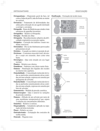 ○○○○○○○○○○○○○○○○○○○○○○○○○○○○○○○○○○○○○○○○○○○○○○○○○○○○○○○○○○○○○○○○○○○○○○○○○○○○○○○○○○○
Ortognatismo – Disposição geral da face, tal
como a linha do perfil, indo da fronte ao mento
na vertical.
Ortonixia – Tratamento de deformidades das
unhas pela colocação de um agrafe destinado
a corrigir a curvatura.
Ortopedia – Ramo da Medicina que estuda e trata
estruturas do aparelho locomotor.
Ortopédico – Relativo à Ortopedia.
Ortopia – Retidão do olhar.
Ortopnéia – Reconhecimento subjetivo da difi-
culdade respiratória na posição supino.
Ortóptica – Correção dos defeitos visuais me-
diante exercícios.
Ortostático – Diz-se dos fenômenos provocados
pela postura em pé.
Ortótico – Causado ou relativo à posição do pé.
Ortótono – Contratura muscular total, deixan-
do o corpo em extensão, duro como uma
haste.
Ortotópico – Que está situado em seu lugar
normal.
Ósmico – Relativo aos cheiros.
Osmidrose – Sudorese com cheiro muito forte.
Osmose – Penetração dos líquidos dos tecidos
no interior dos capilares.
Osmolalidade – Concentração molecular de to-
das as partículas osmoticamente ativas conti-
das em uma solução, expressa em osmoles por
quilograma de solvente.
Osmolaridade – Concentração molecular de to-
das as partículas osmoticamente ativas conti-
das em uma solução, expressa em osmoles por
litro de solvente.
Osmometria – Medida da pressão osmótica.
Osmorreceptor – Que é sensível às variações
da pressão osmótica.
Osmose – Difusão de um solvente por meio de
uma membrana semipermeável que separa
2 soluções de concentrações diferentes.
Osmótico – Relativo à osmose.
Osqueoplastia – Autoplastia aplicada na repa-
ração da bolsa testicular.
Ósseo – Relativo ao osso.
Ossiculectomia – Extirpação dos ossículos da
orelha média.
Ossículo – Pequeno osso.
Ossificação – Formação de tecido ósseo.
Ossificação
Centro de
ossificação
Ossificação
endocondrial
Epífise
Cartilagem
epifisária
Medula óssea
Diáfise
Desaparece a
cartilagem epifisária
ORTOGNATISMO OSSIFICAÇÃO
 