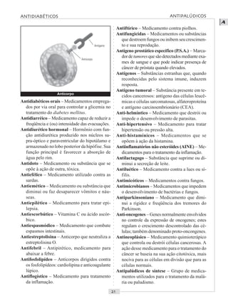 ○○○○○○○○○○○○○○○○○○○○○○○○○○○○○○○○○○○○○○○○○○○○○○○○○○○○○○○○○○○○○○○○○○○○○○○○○○○○○○○○○○○
A
Antidiabéticos orais – Medicamentos emprega-
dos por via oral para controlar a glicemia no
tratamento do diabetes mellitus.
Antidiarréico – Medicamento capaz de reduzir a
freqüência e (ou) intensidade das evacuações.
Antidiurético hormonal – Hormônio com fun-
ção antidiurética produzido nos núcleos su-
pra-óptico e paraventricular do hipotálamo e
armazenado no lobo posterior da hipófise. Sua
função principal é favorecer a absorção de
água pelo rim.
Antídoto – Medicamento ou substância que se
opõe à ação de outra, tóxica.
Antiefélico – Medicamento utilizado contra as
sardas.
Antiemético – Medicamento ou substância que
diminui ou faz desaparecer vômitos e náu-
seas.
Antiepilético – Medicamento para tratar epi-
lepsia.
Antiescorbútico – Vitamina C ou ácido ascór-
bico.
Antiespasmódico – Medicamento que combate
espasmos intestinais.
Antiestreptolisina – Anticorpo que neutraliza a
estreptolisina O.
Antifebril – Antipirético, medicamento para
abaixar a febre.
Antifosfolipídeo – Anticorpos dirigidos contra
os fosfolipídeos: cardiolipina e anticoagulante
lúpico.
Antiflogístico – Medicamento para tratamento
da inflamação.
Antiftírico – Medicamento contra piolhos.
Antifungicidas – Medicamentos ou substâncias
que destroem fungos ou inibem seu crescimen-
to e sua reprodução.
Antígeno prostático específico (P.S.A.) – Marca-
dordetumoresquesãodetectadosmedianteexa-
mes de sangue e que pode indicar presença de
câncer de próstata quando elevados.
Antígenos – Substâncias estranhas que, quando
reconhecidas pelo sistema imune, induzem
resposta.
Antígeno tumoral – Substância presente em te-
cidos cancerosos: antígeno das células leucê-
micas e células sarcomatosas, alfateroproteína
e antígeno carcinoembrionário (CEA).
Anti-helmíntico – Medicamento que destrói ou
impede o desenvolvimento de parasitas.
Anti-hipertensivo – Medicamento para tratar
hipertensão ou pressão alta.
Anti-histamínicos – Medicamentos que se
opõem à ação da histamina.
Antiinflamatórios não esteróides (AINE) – Me-
dicamentos para o tratamento da inflamação.
Antilactagogo – Substância que suprime ou di-
minui a secreção de leite.
Antiluético – Medicamento contra a lues ou sí-
filis.
Antimicóticos – Medicamentos contra fungos.
Antimicrobianos – Medicamentos que impedem
o desenvolvimento de bactérias e fungos.
Antiparkinsoniano – Medicamento que dimi-
nui a rigidez e freqüência dos tremores do
Parkinson.
Anti-oncogenes – Genes normalmente envolvidos
no controle da expressão de oncogenes; estes
regulam o crescimento descontrolado das cé-
lulas; também denominado proto-oncongenes.
Antineoplásico – Medicamento quimioterápico
que controla ou destrói células cancerosas. A
ação desse medicamento para o tratamento do
câncer se baseia na sua ação citotóxica, mais
nociva para as células em divisão que para as
células normais.
Antipalúdicos de síntese – Grupo de medica-
mentos utilizados para o tratamento da malá-
ria ou paludismo.
ANTIDIABÉTICOS ANTIPALÚDICOS
Anticorpo
Anticorpo
Antígeno
 