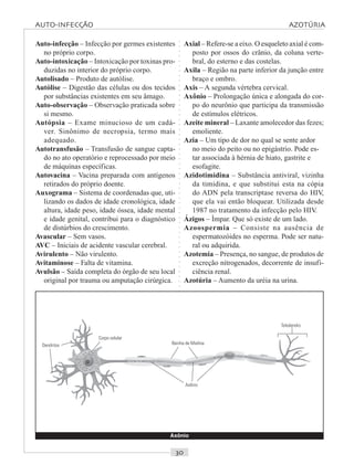 ○○○○○○○○○○○○○○○○○○○○○○○○○○○○○○○○○○○○○○○○○○○○○○○○○○○○○○○○○○○○○○○○○○○○○○○○○○○○○○○○○○○
Auto-infecção – Infecção por germes existentes
no próprio corpo.
Auto-intoxicação – Intoxicação por toxinas pro-
duzidas no interior do próprio corpo.
Autolisado – Produto de autólise.
Autólise – Digestão das células ou dos tecidos
por substâncias existentes em seu âmago.
Auto-observação – Observação praticada sobre
si mesmo.
Autópsia – Exame minucioso de um cadá-
ver. Sinônimo de necropsia, termo mais
adequado.
Autotransfusão – Transfusão de sangue capta-
do no ato operatório e reprocessado por meio
de máquinas específicas.
Autovacina – Vacina preparada com antígenos
retirados do próprio doente.
Auxograma – Sistema de coordenadas que, uti-
lizando os dados de idade cronológica, idade
altura, idade peso, idade óssea, idade mental
e idade genital, contribui para o diagnóstico
de distúrbios do crescimento.
Avascular – Sem vasos.
AVC – Iniciais de acidente vascular cerebral.
Avirulento – Não virulento.
Avitaminose – Falta de vitamina.
Avulsão – Saída completa do órgão de seu local
original por trauma ou amputação cirúrgica.
Axial – Refere-se a eixo. O esqueleto axial é com-
posto por ossos do crânio, da coluna verte-
bral, do esterno e das costelas.
Axila – Região na parte inferior da junção entre
braço e ombro.
Axis – A segunda vértebra cervical.
Axônio – Prolongação única e alongada do cor-
po do neurônio que participa da transmissão
de estímulos elétricos.
Azeite mineral – Laxante amolecedor das fezes;
emoliente.
Azia – Um tipo de dor no qual se sente ardor
no meio do peito ou no epigástrio. Pode es-
tar associada à hérnia de hiato, gastrite e
esofagite.
Azidotimidina – Substância antiviral, vizinha
da timidina, e que substitui esta na cópia
do ADN pela transcriptase reversa do HIV,
que ela vai então bloquear. Utilizada desde
1987 no tratamento da infecção pelo HIV.
Ázigos – Ímpar. Que só existe de um lado.
Azoospermia – Consiste na ausência de
espermatozóides no esperma. Pode ser natu-
ral ou adquirida.
Azotemia – Presença, no sangue, de produtos de
excreção nitrogenados, decorrente de insufi-
ciência renal.
Azotúria – Aumento da uréia na urina.
Axônio
AUTO INFECÇÃO AZOTÚRIA
Dendritos
Corpo celular
Bainha de Mielina
Telodendro
Axônio
 