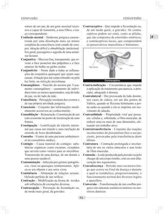 ○○○○○○○○○○○○○○○○○○○○○○○○○○○○○○○○○○○○○○○○○○○○○○○○○○○○○○○○○○○○○○○○○○○○○○○○○○○○○○○○○○○
C
somos de um par, de um gene anormal reces-
sivo e capaz de transmitir, a seus filhos, o tra-
ço correspondente.
Confusão mental – Síndrome psíquica caracte-
rizada por uma dissolução mais ou menos
completa da consciência com estado de estu-
por, ideação difícil e obnubilação intelectual.
Em geral, passageira e seguida de uma amné-
sia lacunar.
Conjuntiva – Mucosa fina, transparente, que re-
veste a face posterior das pálpebras e a face
anterior do bulbo ou globo ocular.
Conjuntivite – Nome dado a todas as inflama-
ções da conjuntiva quaisquer que sejam suas
causas: irritação por um corpo estranho ou pela
luz forte, ou infecção microbiana.
Consangüíneo – Nascido do mesmo pai. Casa-
mento consangüíneo – casamento de indiví-
duos mais ou menos aparentados, seja do lado
do pai, ou do lado da mãe.
Consciência – Percepção imediata dos eventos e
de sua própria atividade psíquica.
Consciente – Conjunto das informações imedi-
atamente acessíveis ao conhecimento.
Consolidação – Restauração. Constituição de um
calo resistente no ponto de localização de uma
fratura.
Constipação – Lentificação do trânsito intesti-
nal que causa um retardo e uma rarefação da
emissão de fezes desidratadas.
Consulta – Exame de uma paciente ambulatori-
al no consultório médico.
Contágio – Causa material do contágio: subs-
tâncias orgânicas como escamas, exsudatos
que servem como vetores para os micróbios.
Transmissão de uma doença, de um doente a
uma pessoa saudável.
Contaminação – Infecção por germes patogêni-
cos, vírus ou quaisquer contaminantes. Apli-
ca-se aos objetos e aos seres vivos.
Continência – Abstenção de relações sexuais.
Oclusão perfeita de um orifício.
Contração – Modificação na forma de tecidos
sob influência de excitações diversas.
Contracepção – Prevenção da fecundação ou,
de modo mais geral, da gravidez.
Contraceptivo – Que impede a fecundação ou,
de um modo geral, a gravidez. Os contra-
ceptivos podem ser orais, como as pílulas,
que são compostos de esteróides sintéticos;
e contraceptivos locais, que compreendem
os preservativos masculinos e femininos.
Contra-indicação – Circunstância que impede
a aplicação do tratamento que parecia, a prin-
cípio, adequado à doença.
Contralateral – Dor provocada do lado doente,
nos casos de ciática, em um dos pontos de
Valleix, quando se flexiona fortemente a per-
na sadia ou quando a ela se imprime um mo-
vimento de adução.
Contratilidade – Propriedade vital que possu-
em células e, sobretudo, a fibra muscular, de
reduzir uma ou mais de suas dimensões, efe-
tuando um trabalho ativo.
Contratransferência – Conjunto das reações
inconscientes do psicanalista face a seu pa-
ciente, provocadas pela transferência deste
último.
Contratura – Contração prolongada e involun-
tária de um ou vários músculos e sem lesão
de fibra muscular.
Contusão – Lesão produzida pela pressão ou pelo
choque de um corpo rombo, com ou sem dila-
ceração dos tegumentos.
Convalescença – Período mais ou menos lon-
go que ocorre no final da doença e durante
o qual se restabelece, progressivamente, o
funcionamento normal dos diversos órgãos
e aparelhos.
Conversão – Transformação de um conflito psí-
quico em sintomas somáticos motores ou sen-
sitivos duráveis.
Contraceptivo
Ovários
Tuba uterina
Útero
DIU
CONFUSÃO CONVERSÃO
 