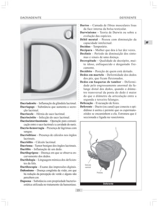 ○○○○○○○○○○○○○○○○○○○○○○○○○○○○○○○○○○○○○○○○○○○○○○○○○○○○○○○○○○○○○○○○○○○○○○○○○○○○○○○○○○○
D
Dacriadenite – Inflamação da glândula lacrimal.
Dacriagogo – Substância que aumenta a secre-
ção lacrimal.
Dacriocele – Hérnia do saco lacrimal.
Dacriocistite – Infecção do saco lacrimal.
Dacriocistorrinostomia – Operação para comuni-
cação entre o saco lacrimal e a cavidade do nariz.
Dacrio-hemorragia – Presença de lágrimas com
sangue.
Dacriolitíase – Presença de cálculos nos órgãos
lacrimais.
Dacriólito – Cálculo lacrimal.
Dacrioma –Tumor benigno dos órgãos lacrimais.
Dactilite – Inflamação de um dedo.
Dactilogripose – Doença em que se observa en-
curvamento dos dedos.
Dactilologia – Linguagem mímica dos deficien-
tes da fala.
Dactiloscopia – Exame das impressões digitais.
Daltonismo – Doença congênita da visão, em que
há redução da percepção do verde e alguns não
percebem cor.
Dapsona – Substância com propriedade bacterio-
estática utilizada no tratamento da hanseníase.
Dartos – Camada de fibras musculares lisas
da face interna da bolsa testicular.
Darwinismo – Teoria de Darwin ou sobre a
evolução das espécies.
Débil mental – Pessoa com diminuição da
capacidade intelectual.
Decíduo – Temporário.
Decípara – Mulher que deu à luz dez vezes.
Declínio – Período de diminuição dos sinto-
mas e sinais de uma doença.
Decrepitude – Qualidade de decrépito, mui-
to idoso, enfraquecido e desgastado fisi-
camente.
Decúbito – Posição de quem está deitado.
Dedos em martelo – Deformidade dos dedos
dos pés, que ficam flexionados.
Dedos em baquetas de tambor – Deformi-
dade pelo engrossamento anormal da fa-
lange distal dos dedos, quando o diâme-
tro transversal da ponta do dedo é maior
do que o diâmetro da articulação entre a
segunda e terceira falanges.
Defecação – Evacuação de fezes.
Deferente – Ducto (ou canal) que conecta o epi-
dídimo à uretra e permite que os espermato-
zóides se encaminhem a ela. Estrutura que é
seccionada e ligada na vasectomia.
Deferente
Vesícula
seminal
Próstata
DACRIADENITE DEFERENTE
©
 
