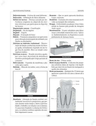 ○○○○○○○○○○○○○○○○○○○○○○○○○○○○○○○○○○○○○○○○○○○○○○○○○○○○○○○○○○○○○○○○○○○○○○○○○○○○○○○○○○○
Deferentectomia – Exérese do canal deferente.
Deferentite – Inflamação do ducto deferente.
Déficit de lactose – Doença causada por de-
ficiência congênita ou adquirida de enzi-
mas intestinais que participam na digestão
da lactose.
Degeneração caseosa – Caseificação.
Deglutição – Ato de deglutir.
Deglutir – Engolir.
Dejeção – Evacuação de fezes.
Delírio – Transtorno psiquiátrico no qual existe
grave alteração da percepção da realidade com
ilusões ou alucinações.
Delirium ou síndrome confusional – Deterio-
ração da função cerebral decorrente de doen-
ça aguda, normalmente originada em um lu-
gar fora do encéfalo. Deve ser tratado como
urgência médica.
Delirium tremens – Reação psicótica aguda,
por vezes fatal, decorrente de abstinência
alcoólica prolongada após longo período de
consumo.
Delivramento – Expulsão da membrana e pla-
centa após o parto.
Deltóide – Músculo do ombro, com a forma da
letra D.
Demente – Que ou quem apresenta demência.
Louco; insensato.
Dendritos – Extensões do corpo neuronal envol-
vidas na recepção dos estímulos.
Dengue – Enfermidade causada por vírus e trans-
mitida ao homem pela picada do mosquito
Aedes egypti.
Densitometria – Exame subsidiário para deter-
minar a densidade mineral dos ossos. Aplica-
se, fundamentalmente, no diagnóstico e acom-
panhamento de doenças ósseas.
Demência – Alteração da função cerebral, nor-
malmente irreversível e progressiva, que per-
siste durante muito tempo e altera a persona-
lidade, o trabalho e as relações com os demais.
A causa mais freqüente é a doença de Alzhei-
mer, e os infartos cerebrais repetidos são tam-
bém importantes causas.
Dente do siso – Último molar.
Dente ou peça dentária – Cada uma das peque-
nas estruturas duras do maxilar e da mandí-
bula que intervém na função da mastigação e
quebra dos alimentos.
Dente permanente – Qualquer dos 32 dentes que
aparecem a partir dos seis anos e duram até a
velhice.
Deltóide
Dente permanente
Esmalte
Dentina
Osso alveolar
Dente
DEFERENTECTOMIA DENTE
Densitometria
©
 