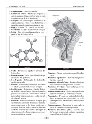 ○○○○○○○○○○○○○○○○○○○○○○○○○○○○○○○○○○○○○○○○○○○○○○○○○○○○○○○○○○○○○○○○○○○○○○○○○○○○○○○○○○○
Adamantinoma – Tumor do maxilar.
Adamkiewicz, artéria – Artéria que irriga os 2/3
anteriores da medula espinal e origina-se mais
freqüentemente de artérias espinais.
Adaptação – Em oftalmologia: acomodação ou
capacidade que a retina possui de habituar-se
em diferentes níveis de intensidade de luz.
Adelgaçar – Tornar fino, reduzir em tamanho.
Adenectomia – Exérese de uma tonsila faríngea.
Adenina – Base nitrogenada que entra na com-
posição dos ácidos nucléicos.
Adenoma – Tumor benigno de um epitélio glan-
dular.
Adenomas hipofisários – Tumores benignos da
hipófise cerebral.
Adenomas pleomórficos – Tumores benignos
mais conhecidos das glândulas salivares.
Adenomas tireóideos – Tumores benignos mais
conhecidos da tireóide.
Adenomastireotóxicos–Tumoresqueproduzem,
de modo autônomo, o hormônio da tiróide.
Adenopatia – Doença que afeta os linfonodos.
Estes se encontram aumentados em razão
de um processo inflamatório, infeccioso ou
tumoral.
Adenossarcoma – Tumor que se desenvolve a
partir de elementos de uma glândula.
Adenosina desaminase (ADA) – Enzima cuja
deficiência se associa à perda da capacidade
de proliferação de linfócitos.
Adenite – Inflamação aguda ou crônica dos
linfonodos.
Adenocarcinoma –Tumor epitelial maligno que
se localiza nas glândulas.
Adenofleigmão – Inflamação dos linfonodos
produz supuração.
Adenóide – Massa de tecido linfóide, em forma
de lóbulos, denominada tonsila faríngea.
Adenoidectomia – Extirpação cirúrgica do teci-
do linfóide da nasofaringe, das tonsilas farín-
geas ou das adenóides. O motivo mais comum
para realizar-se essa operação é a infecção crô-
nica das adenóides.
Adenoidite – Infecção das tonsilas faríngeas que
se inflamam, aumentam de tamanho e obstru-
em a passagem do ar das fossas nasais para a
garganta. Também pode obstruir as aberturas
das tubas auditivas e dificultar a passagem de
ar para os ouvidos. Em crianças, pode provo-
car sono agitado e enurese.
Adenóide
Adenina
Conchas nasais
Faringe
ADAMANTINOMA ADENOSINA
Adenóide
 