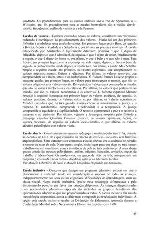quadrado. Os procedimentos para as escalas ordinais são o rhô de Spearman, o t-
Wilcoxon, etc. Os procedimentos para as escalas intervalares são a média, desvio-
padrão, frequências, análise de variância e r de Pearson.

Escalas de valores - Também chamadas tábuas de valores, constituem um referencial
ordenado e hierárquico do posicionamento dos valores. Platão foi um dos primeiros
filósofos a estabelecer uma escala de valores. Em primeiro lugar está o Bem, de seguida
a Beleza, depois a Verdade e a Sabedoria e, por último, os prazeres sensíveis. A escala
estabelecida por Aristóteles é ligeiramente diferente: primeiro o que é digno de
felicidade, depois o que é admirável, de seguida, o que é digno de amor, imediatamente
a seguir, o que é digno de honra e, por último, o que é belo e o que não é mau. Para
Locke, em primeiro lugar, vem a esperança na vida eterna, depois, o fazer o bem, de
seguida, o conhecimento, ainda depois, a reputação e, por último, a saúde. Max Scheller
propõe a seguinte escala: em primeiro, os valores espirituais, que compreendem os
valores estéticos, morais, lógicos e religiosos. Por último, os valores sensíveis, que
compreendem os valores vitais e os hedonísticos. O filósofo francês Lavelle propõe a
seguinte escala: em primeiro lugar, os valores para transcender o mundo, que são os
valores religiosos e os valores morais. De seguida, os valores para contemplar o mundo,
que são os valores intelectuais e os estéticos. Por último, os valores que pertencem ao
mundo, que são os valores económicos e os afectivos. O filósofo espanhol Mendez
procede à seguinte hierarquia: em primeiro lugar os valores ascéticos, de seguida, os
valores estéticos, depois, os valores éticos e, por último, os valores económicos.
Mendez considera que há três grandes valores éticos: o autodomínio, a justiça e o
respeito. O autodomínio compreende a sobriedade e a temperança. A justiça
compreende a equidade e a soplidariedade. O respeito compreende a paz e o respeito à
natureza e ao ambiente. Por último, vejamos a hierarquia proposta pelo filósofo e
pedagogo espanhol Quintana Cabanas: primeiro, os valores espirituais, depois, os
valores racionais, de seguida, os valores socio-culturais e, por último, os valores
afectivo-psicológicos e os valores vitais.

Escola aberta - Constituiu um movimento pedagógico muito popular nos EUA, durante
as décadas de 60 e 70 e que consistia na criação de edifícios escolares sem barreiras
arquitectónicas. Uma característica comum às escolas abertas era a ausência de paredes
a separar as salas de aula. Num espaço amplo, havia lugar para que duas ou três turmas
trabalhassem em simultâneo com a assistência de dois ou três professores. A área aberta
estava dotada de espaços polivalentes: ateliers, oficinas, bancadas, armários, mesas de
trabalho e laboratórios. Os professores, em grupo de dois ou três, asseguravam em
conjunto o ensino de várias turmas, dividindo entre si as diferentes tarefas.
Ver Modelo Libertário de Neill e Modelo Libertário Inspirado em Rousseau.

Escola inclusiva - Conceito que designa um programa educativo escolar em que o
planeamento é realizado tendo em consideração o sucesso de todas as crianças,
independentemente dos seus estilos cognitivos, dificuldades de aprendizagem, etnia ou
classe social. Numa escola inclusiva, opta-se pela pedagogia diferenciada e pela
discriminação positiva em favor das crianças diferentes. As crianças diagnosticadas
com necessidades educativas especiais são incluídas no grupo e beneficiam das
oportunidades educativas que são proporcionadas a todos. A escola inclusiva faz uso da
metodologia cooperativa, aceita as diferenças e responde às necessidades individuais. A
opção pela escola inclusiva resulta da Declaração de Salamanca, aprovada durante a
Conferência Mundial sobre Necessidades Educativas Especiais, em 1994.

                                                                                    45
 