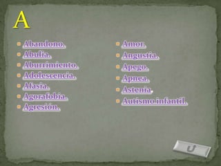  Abandono.        Amor.
 Abulia.          Angustia.
 Aburrimiento.    Apego.
 Adolescencia.    Apnea.
 Afasia.
                   Astenia.
 Agorafobia.
                   Autismo infantil.
 Agresión.
 