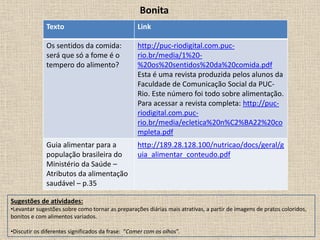 Bonita
Texto Link
Os sentidos da comida:
será que só a fome é o
tempero do alimento?
http://puc-riodigital.com.puc-
rio.br/media/1%20-
%20os%20sentidos%20da%20comida.pdf
Esta é uma revista produzida pelos alunos da
Faculdade de Comunicação Social da PUC-
Rio. Este número foi todo sobre alimentação.
Para acessar a revista completa: http://puc-
riodigital.com.puc-
rio.br/media/ecletica%20n%C2%BA22%20co
mpleta.pdf
Guia alimentar para a
população brasileira do
Ministério da Saúde –
Atributos da alimentação
saudável – p.35
http://189.28.128.100/nutricao/docs/geral/g
uia_alimentar_conteudo.pdf
Sugestões de atividades:
•Levantar sugestões sobre como tornar as preparações diárias mais atrativas, a partir de imagens de pratos coloridos,
bonitos e com alimentos variados.
•Discutir os diferentes significados da frase: “Comer com os olhos”.
 