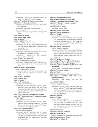 115 n˜ao tirar* os olhos de
sin´onimos: ((ser*/) um osso*N) duro*N de
roer; ser* dose; ser* um p´e no saco
n˜ao ser* senhor de fazer o que quer
(n˜ao/) ser* (um/) picuinhas
algu´em muito implicativo e que olhe demasiado
aos detalhes
sin´onimos: caquenha; coca-bichinhos
level: coloquial
exemplo: n˜ao sejas t˜ao piquinhas, assim j´a est´a
bem
n˜ao serve de nada
n˜ao serve para nada
n˜ao se safar*
(n˜ao se/) ter* de p´e
estar completamente exausto
sin´onimos: n˜ao se ter* nas canetas; (n˜ao se/)
ter* nas pernas; n˜ao poder* com uma gata
pelo rabo
n˜ao se ter em p´e
Pessoa que por doen¸ca ou cansa¸co est´a com di-
ﬁculdade em permanecer em p´e
sin´onimos: aguentar*-se nas canetas;
aguentar*-se nas canelas
n˜ao se ter* nas canetas
estar completamente exausto
sin´onimos: (n˜ao se/) ter* de p´e; (n˜ao se/) ter*
nas pernas; n˜ao poder* com uma gata pelo
rabo
(n˜ao se/) ter* nas pernas
estar completamente exausto
sin´onimos: n˜ao se ter* nas canetas; (n˜ao se/)
ter* de p´e; n˜ao poder* com uma gata pelo
rabo
n˜ao se ver* vivalma
n˜ao tem de quˆe
n˜ao te rales
n˜ao ter* cinco reis
n˜ao ter dinheiro nenhum
sin´onimos: n˜ao ter* um chavo; n˜ao ter* n´epia;
n˜ao ter* onde cair morto; n˜ao ter* (com
que/para) mandar cantar um cego; n˜ao ter*
eira nem beira; sem eira nem beira; nao ter*
vagar; estar* liso
n˜ao ter* com que comprar os mel˜oes
n˜ao ter* (com que/para) mandar cantar
um cego
n˜ao ter dinheiro nenhum
sin´onimos: n˜ao ter* um chavo; n˜ao ter* n´epia;
n˜ao ter* onde cair morto; n˜ao ter* eira nem
beira; sem eira nem beira; nao ter* vagar;
estar* liso; n˜ao ter* cinco reis
n˜ao ter* eira nem beira
n˜ao ter dinheiro nenhum
sin´onimos: n˜ao ter* um chavo; n˜ao ter* n´epia;
n˜ao ter* onde cair morto; n˜ao ter* (com
que/para) mandar cantar um cego; sem eira
nem beira; nao ter* vagar; estar* liso; n˜ao
ter* cinco reis
n˜ao ter* em grande conta
n˜ao ter encomendado o serm˜ao
(n˜ao ter*/ganha) vergonha na cara
n˜ao (ter*/haver*) m˜aos a medir
ter muito que fazer
n˜ao ter* nada a ver
n˜ao existe rela¸c˜ao entre
n˜ao ter* nada com isso
n˜ao ter* nada na manga
n˜ao ter* n´epia
n˜ao ter dinheiro nenhum
sin´onimos: n˜ao ter* um chavo; n˜ao ter* onde
cair morto; n˜ao ter* (com que/para) mandar
cantar um cego; n˜ao ter* eira nem beira; sem
eira nem beira; nao ter* vagar; estar* liso;
n˜ao ter* cinco reis
n˜ao ter* onde cair morto
n˜ao ter dinheiro nenhum
sin´onimos: n˜ao ter* um chavo; n˜ao ter* n´epia;
n˜ao ter* (com que/para) mandar cantar um
cego; n˜ao ter* eira nem beira; sem eira nem
beira; nao ter* vagar; estar* liso; n˜ao ter*
cinco reis
n˜ao ter* papas na l´ıngua
n˜ao ter* ponta por onde se lhe pegue
n˜ao ter* por onde se lhe pegue
(n˜ao ter* que/o que tem a) ver o cu com
as cal¸cas
n˜ao ter nada a ver com o assunto em causa
n˜ao ter* rei nem roque
n˜ao ter* safa
(n˜ao ter*/sem/com) p´es nem cabe¸ca
n˜ao ter* tomado ch´a em (pe-
queno/crian¸ca)
sin´onimos: n˜ao beber* ch´a em (pe-
queno/crian¸ca)
n˜ao ter* um chavo
n˜ao ter dinheiro nenhum
sin´onimos: n˜ao ter* n´epia; n˜ao ter* onde cair
morto; n˜ao ter* (com que/para) mandar
cantar um cego; n˜ao ter* eira nem beira; sem
eira nem beira; nao ter* vagar; estar* liso;
n˜ao ter* cinco reis
n˜ao ter* unhas
nao ter* vagar
n˜ao ter dinheiro nenhum
sin´onimos: n˜ao ter* um chavo; n˜ao ter* n´epia;
n˜ao ter* onde cair morto; n˜ao ter* (com
que/para) mandar cantar um cego; n˜ao ter*
eira nem beira; sem eira nem beira; estar*
liso; n˜ao ter* cinco reis
n˜ao ter* vint´em
n˜ao ter* voto na mat´eria
n˜ao ter* voz activa
n˜ao ter capacidade ou permiss˜ao de discutir algo
n˜ao tinha mais que fazer!
n˜ao tirar* os olhos de
 