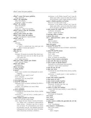 olhar* como boi para pal´acio 120
olhar* como boi para pal´acio
olhar admirado
olhar* de esguelha
olhar desconﬁado
sin´onimos: olhar* de soslaio
olhar* de soslaio
olhar desconﬁado
level: erudito
sin´onimos: olhar* de esguelha
olhar* para o dia de amanh˜a
pensar no futuro
olhar* pelo canto do olho
olhar* por cima do ombro
olhar com desprezo, superioridade
olhar* por si
tomar conta de
olho
adivinha:
r: piolho
p: qual ´e o animal que tem mais que trˆes
olhos e menos que quatro?
olho alerta
olho do cu
ˆanus
exemplo: O cam˜oes era zarolho Mas ilustre por-
tugˆes Via mais com um s´o olho do que n´os
com todos trˆes
level: cal˜ao carroceiro
olho por olho, dente por dente
etim: pena de Tali˜ao
olhos nos olhos
frontalmente
olhos trocados
o mais tardar
´o meu*
usado como vocativo em exclama¸c˜oes ou inter-
roga¸c˜oes
exemplo: ´O meu, qual ´e a tua?
level: coloquial
sin´onimos: p´a; m´o; mo¸co*GN
o meu homem
o meu*N velho*N
express˜ao mais ou menos carinhosa de referir o
pai ou m˜ae
exemplo: vou telefonar aos meus velhos
level: coloquial
o meu quinh˜ao
o resultado de uma divis˜ao (bens, lucros, tarefas
a realizar)
sin´onimos: o que me toca; a minha parte; a
minha fatia
onde Judas perdeu as botas
Diz-se de um s´ıtio muito longe
etim: depois de trair Jesus e receber 30 dinhei-
ros, Judas veio a suicidar-se enforcando-se
numa ´arvore. Acontece que ele se matou
sem as botas. E os 30 dinheiros n˜ao foram
encontrados com ele. Os soldados partiram
sofregamente em busca das botas de Judas,
onde estaravam encontrar o dinheiro.
sin´onimos: cu de Judas; (morar* em/) casa do
diabo mais velho; cascos de rolha; ﬁcar* para
l´a do sol posto; onde o diabo perdeu as botas
onde o diabo perdeu as botas
Diz-se de um s´ıtio muito longe
sin´onimos: cu de Judas; (morar* em/) casa do
diabo mais velho; cascos de rolha; ﬁcar* para
l´a do sol posto; onde Judas perdeu as botas
o p˜ao nosso de cada dia
o alimento necess´ario
origem: ora¸c˜ao Pai Nosso
´o patego olha o bal˜ao
o peso dos anos
(´o/) (p´es/pernas) para que (te/vos)
quero!
fuga em pˆanico
´e um: interjei¸c˜ao
´opio do povo
o prato*N forte*N
a parte principal de uma acividade, espet´aculo,
refei¸c˜ao
o puto*N do*N nome
ˆenfase sobre nome
level: cal˜ao
genero: masculino
gram: s´o usado no masculino
o que ´e doce nunca amargou
o que ele diz n˜ao se escreve
o que ´e que se h´a-de fazer?
express˜ao de conforma¸c˜ao desconsolada
sin´onimos: boas noites candeeiro!
o que l´a vai, l´a vai
o que me toca
o resultado de uma divis˜ao (bens, lucros, tarefas
a realizar)
sin´onimos: a minha parte; o meu quinh˜ao; a
minha fatia
o que n˜ao mata engorda
o que para a´ı vai!
o que vem `a rede ´e peixe
o que vem f´acil, f´acil vai
sin´onimos: do jeito que vem, vai
´e um: dito proverbial
o rabo ´e o pior de esfolar
a parte ﬁnal (de uma tarefa) ´e o mais dif´ıcil de
concluir
(ora/) bolas!
interjei¸c˜ao de desagrado
ora essa!
ora, ora!
ora toma!
o rato roeu a rolha da garrafa do rei da
R´ussia
´e um: traval´ınguas
ora vamos e venhamos...
N˜ao ´e bem assim...
exemplo:
equiv: exagero
 