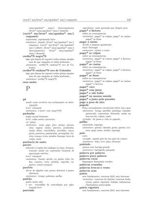 (ouvir* um/levar* um/apanhar* um/) raspanete 122
uma/apanhar* uma/) descompustura;
(levar* uma/apanhar* uma/) desanda
(ouvir* um/levar* um/apanhar* um/)
raspanete
repreens˜ao, reprimenda forte
sin´onimos: pi¸cada; (levar* um/apanhar* um/)
raspan¸co; (ouvir* um/levar* um/apanhar*
um/) ralhete; (levar* uma/apanhar* uma/)
descompustura; (levar* uma/apanhar*
uma/) desanda
ovelha*N negra*N
algo que depois de exposto todos acham simples
mas de que ningu´em se tinha lembrado...
sin´onimos: ovelha*N ranhosa*N ovo de Co-
lombo
ovelha*N ranhosa*N ovo de Colombo
algo que depois de exposto todos acham simples
mas de que ningu´em se tinha lembrado...
sin´onimos: ovelha*N negra*N
ovos moles
P
p´a
usado como vocativo em exclama¸c˜oes ou inter-
roga¸c˜oes
level: coloquial
sin´onimos: ´o meu*; m´o; mo¸co*GN
pachacha
´org˜ao sexual feminino
level: cal˜ao muito carroceiro
en: pussy
sin´onimos: cona; pipi; pito; pita¸co; pirona;
rata; vagina; ninho; parreco; pombinha;
racha; febra; entrefolhos; mexilh˜ao; ostra;
greta; patareca; passarinha; perseguida; bo-
ceta; cona¸ca; crica; aranha; fanesga; boca do
corpo; xana
paciˆencia de santo
pacote
referente `a regi˜ao das n´adegas ou ´anus, frequen-
temente usado em express˜oes brejeiras de
aprecia¸c˜ao est´etica
level: coloquial
sin´onimos: bunda; alcofa; cu; peida; rabo; bi-
lha; traseiro; tutu; peidola; regueifa; ca-
gueiro; (zuate/zuaque)
pac´ovio
diz-se de algu´em com pouca destreza e pouco
eﬁciˆencia
sin´onimos: trengo; palerma; azelha
padr˜ao
padre muito alto
´e um: trocadilho de contrafa¸c˜ao por aglu-
tina¸c˜ao livre
paertado
superlativo: mais apertado que chap´eu novo
pagar* a factura
sofrer as consequˆencias
sin´onimos: pagar* as culpas; pagar* as custas;
pagar* as favas
pagar a meias
dividir a despesa igualmente
local: Portugal
sin´onimos: rachar a conta
pagar* as culpas
sofrer as consequˆencias
sin´onimos: pagar* as custas; pagar* a factura;
pagar* as favas
pagar* as custas
sofrer as consequˆencias
sin´onimos: pagar* as culpas; pagar* a factura;
pagar* as favas
pagar* as favas
sofrer as consequˆencias
sin´onimos: pagar* as culpas; pagar* as custas;
pagar* a factura
pagar* caro
pagar* com juros
pagar* e n˜ao bufar
pagar* na mesma moeda
pagar* o justo pelo pecador
pago a peso de oiro
pagode
festa, normalmente envolvendo beber uns copos
sin´onimos: borga; par´odia; pˆandega; tainada;
patuscada; comezaina; festarola; andar na
boa-vai-ela; c´opios; naite
exemplo: ele passa a vida no pagode...
pailha
namorada, rapariga
sin´onimos: garina; chavala; guria; garota; cru-
zeta; gaja; mina; mi´uda; rapariga
paio
sorte
exemplo: aquele golo foi um paio do caneco
sin´onimos: mijo; reco; pi¸co; chouri¸co
palaiudo
pessoa com barriga grande
sin´onimos: barrigudo; pan¸cudo
palavra por palavra
palavra puxa palavra
palavras caras
linguagem demasiado erudita
palavras cruzadas
palavras leva-as o vento
palavras ocas
paleio
sem fundamento, conversa f´util, sem interesse
sin´onimos: conversa de chacha; conversa ﬁada;
tretas; paleio vigarista; balelas; babuseiras;
chuchadeira; patacoadas
paleio vigarista
sem fundamento, conversa f´util, sem interesse
 