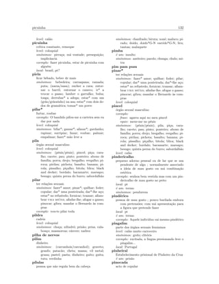 picuinha 132
level: cal˜ao
picuinha
cr´ıtica constante, remoque
level: coloquial
sin´onimos: pirra¸ca; m´a vontade; persegui¸c˜ao;
implicˆancia
exemplo: fazer picuinha, estar de picuinha com
algu´em
local: brasil, pt?
piela
ﬁcar bˆebado, beber de mais
sin´onimos: bebedeira; carraspana; ramada;
puta; (narsa/nasa); encher a cara; entor-
nar o barril; entornar o caneco; ir* a
trocar o passo; lamber o garraf˜ao; buba;
tosga; derrubar* a adega; estar* com um
(gr˜ao/gr˜aozinho) na asa; estar* com dois de-
dos de gram´atica; tomar* um porre
pifar*
furtar, roubar
exemplo: O bandido pifou-me a carteira sem eu
dar por nada
level: coloquial
sin´onimos: bifar*; gamar*; afanar*; gardanho;
rapinar; surripiar; fanar; roubar; palmar;
empalmar; fazer* m˜ao leve a
pila
´org˜ao sexual masculino
level: coloquial
sin´onimos: (p´enis/pˆenis); pincel; pi¸ca; cara-
lho; cacete; pau; pinto; ponteiro; abono de
fam´ılia; porra; drejo; bregalho; vergalho; pi-
roca; pirilau; pichota; basalto; banana; pi-
rola; pissalho; pi¸calho; bitola; blica; black
and decker; bordalo; bacamarte; marsapo;
besugo; quinta perna do burro; sabordalh˜ao
pilar
ter rela¸c˜oes sexuais
sin´onimos: fazer* amor; pinar*; quilhar; foder;
copular; dar* uma ponteirada; dar*-lhe a¸co;
estar* no refustedo; fornicar; transar; aﬁam-
brar uma mi´uda; aﬁnfar-lhe; afogar o ganso;
pinocar; gibra; mandar o Bernardo `as com-
pras
exemplo: vou-te pilar toda
pildra
cadeia
level: coloquial
sin´onimos: cho¸ca; xilindr´o; pris˜ao; prisa; cala-
bou¸co; masmorras; c´arcere; xadrez
pilha de nervos
pilim
dinheiro
sin´onimos: (carcanhois/carcanhol); graveto;
granfo; patac˜ao; cheta; massa; vil metal;
grana; pastel; pasta; dinheiro; guito; guita;
tutu; verdinha
p´ılulas
pessoa que n˜ao regula bem da cabe¸ca
sin´onimos: chanfrado; biruta; xon´e; maluco; pi-
rado; doido; doido*G-N varrido*G-N; liru;
tantan; maluquete
pimba
´e um: insulto
sin´onimos: azeiteiro; parolo; chunga; chulo; mi-
tra
pim pam pum
pinar*
ter rela¸c˜oes sexuais
sin´onimos: fazer* amor; quilhar; foder; pilar;
copular; dar* uma ponteirada; dar*-lhe a¸co;
estar* no refustedo; fornicar; transar; aﬁam-
brar uma mi´uda; aﬁnfar-lhe; afogar o ganso;
pinocar; gibra; mandar o Bernardo `as com-
pras
level: coloquial
pincel
´org˜ao sexual masculino
exemplo:
frase: agarra aqui no meu pincel
equiv: mexe-me no p´enis
sin´onimos: (p´enis/pˆenis); pila; pi¸ca; cara-
lho; cacete; pau; pinto; ponteiro; abono de
fam´ılia; porra; drejo; bregalho; vergalho; pi-
roca; pirilau; pichota; basalto; banana; pi-
rola; pissalho; pi¸calho; bitola; blica; black
and decker; bordalo; bacamarte; marsapo;
besugo; quinta perna do burro; sabordalh˜ao
level: cal˜ao
pindericalho
pequeno adorno pessoal ou de lar que se usa
pendente de algo ; normalmente associado
a ideia de mau gosto ou m´a combina¸c˜ao
est´etica
exemplo: senhoa bem vestida mas com um pin-
dericalho de mau gosto ao peito
local: pt
´e um: termo
sin´onimos: pendureza
pind´erico
pessoa de mau gosto ; pouco burilada embora
com pretens˜oes; com m´a apresenta¸c˜ao para
a ﬁgura que pretende fazer
local: pt
´e um: termo
exemplo: Aquele indiv´ıduo vai mesmo pind´erico
pingalim
parte dos ´org˜aos sexuais femininos
level: cal˜ao muito carroceiro
sin´onimos: grelo; clit´oris
exemplo: excitada, a lingua presionando leve o
pingalim...
local: Portugal
pinheiral
Estabelecimento prisional de Pinheiro da Cruz
´e um: pris˜ao
pinocada
acto de copular
 