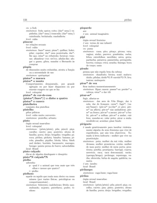 133 pirilau
en: a fuck
sin´onimos: foda; queca; coito; (dar* uma/) ra-
pidinha; (dar* uma/) trancada; (dar* uma/)
caimbrada; berlaitada; cambalhota
level: cal˜ao
pinocar
ter rela¸c˜oes sexuais
level: cal˜ao
sin´onimos: fazer* amor; pinar*; quilhar; foder;
pilar; copular; dar* uma ponteirada; dar*-
lhe a¸co; estar* no refustedo; fornicar; tran-
sar; aﬁambrar uma mi´uda; aﬁnfar-lhe; afo-
gar o ganso; gibra; mandar o Bernardo `as
compras
pinpin
de dimens˜oes muito reduzidas, atenta a fun¸c˜ao
ou a necessidade de uso
sin´onimos: quiriquiqui
pintar* a macaca
pintar* a manta
Comportamento desajustado, por grande
agita¸c˜ao ou por fazer disparates ou por
enorme exagero no que se faz
level: coloquial
pintar* de cor-de-rosa
(pintar*/fazer*/) o diabo a quatro
pintar* o caneco
pintelheira
conjunto dos pintelhos
pintelho
pˆelos p´ubicos
level: cal˜ao muito carroceiro
sin´onimos: pentelho; arbusto
pinto
´org˜ao sexual masculino
level: coloquial
sin´onimos: (p´enis/pˆenis); pila; pincel; pi¸ca;
caralho; cacete; pau; ponteiro; abono de
fam´ılia; porra; drejo; bregalho; vergalho; pi-
roca; pirilau; pichota; basalto; banana; pi-
rola; pissalho; pi¸calho; bitola; blica; black
and decker; bordalo; bacamarte; marsapo;
besugo; quinta perna do burro; sabordalh˜ao
local: Brasil
pinto cal¸cudo
diz-se de algu´em deselegante e desajeito
pinto*N cal¸cudo*N
piolho
adivinha:
p: qual ´e o animal que tem mais que trˆes
olhos e menos que quatro?
r: piolho
piolhoso
aquele ou aquilo que exala mau cheiro ou causa
n´ausea (por raz˜oes f´ısicas, psicol´ogicas ou
comportamentais) ,
sin´onimos: fedorento; malcheiroso; f´etido; nau-
seabundo; nojento; putrefacto; podre; ti-
nhoso
piopardo
ave
´e um: animal imagin´ario
pipi
´org˜ao sexual feminino
´e um: termo de uso infantil
level: coloquial
en: pussy
sin´onimos: cona; pito; pita¸co; pirona; rata;
vagina; ninho; parreco; pombinha; racha;
febra; entrefolhos; mexilh˜ao; ostra; greta;
pachacha; patareca; passarinha; perseguida;
boceta; cona¸ca; crica; aranha; fanesga; boca
do corpo; xana
pirado
pessoa que n˜ao regula bem da cabe¸ca
sin´onimos: chanfrado; biruta; xon´e; maluco;
doido; p´ılulas; doido*G-N varrido*G-N; liru;
tantan; maluquete
pirar* de vez
ﬁcar maluco momentaneamente
sin´onimos: ﬂipar; marar; passar*-se; perder* a
cabe¸ca; estar* a dar tilt
pirar-se*
fugir, afastar-se
sin´onimos: dar ares de Vila Diogo; dar `a
sola; dar de frosques; cavar*; fugir*; (va-
zar/bazar); (pˆor-se* no/dar* o) piro; pˆor-
se* na alheta; pˆor-se* nas andadeiras; pˆor-
se* ao fresco; pˆor-se* a mexer; pˆor-se* a bu-
lir; pˆor-se* a milhas; pˆor-se* a andar; cair
fora; mandar-se; ralar peito; picar a mula;
escafeder-se; acunhar; pisar fundo
piriguete
´e usado gen´ericamente para insultar violenta-
mente algu´em do sexo feminino que vive de
expedientes, que n˜ao tem objectivos. To-
mado `a letra indicaria - mulher que vive na
prostitui¸c˜ao
sin´onimos: puta; mulher da m´a vida; mulher
devassa; mulher prom´ıscua; coir˜ao; mulher
de mau porte; mulher de meia porta; pros-
tituta; put´eﬁa; prostiputa; barreg˜a; cuarra;
meretriz; vaca; vaca descomunal; vac˜ao;
(quenga/kenga); pechenga; reputenga; va-
dia; oferecida; bicha de angola; gald´eria; ra-
meira
´e um: insulto
local: Brasil
pirilampo
sin´onimos: caga-lume; vaga-lume
pirilau
´org˜ao sexual masculino
local: Brasil
sin´onimos: (p´enis/pˆenis); pila; pincel; pi¸ca; ca-
ralho; cacete; pau; pinto; ponteiro; abono
de fam´ılia; porra; drejo; bregalho; vergalho;
 