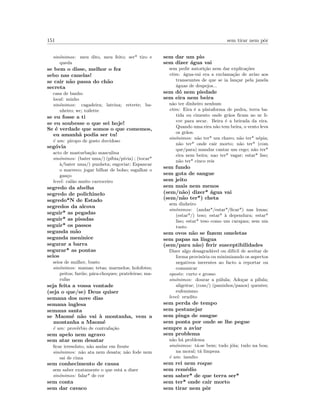 151 sem tirar nem pˆor
sin´onimos: meu dito, meu feito; ser* tiro e
queda
se bem o disse, melhor o fez
sebo nas canelas!
se cair n˜ao passa do ch˜ao
secreta
casa de banho
local: minho
sin´onimos: cagadeira; latrina; retrete; ba-
nheiro; wc; toilette
se eu fosse a ti
se eu soubesse o que sei hoje!
Se ´e verdade que somos o que comemos,
eu amanh˜a podia ser tu!
´e um: piropo de gosto duvidoso
seg´ovia
acto de masturba¸c˜ao masculina
sin´onimos: (bater uma/) (p´ıbia/p´ıvia) ; (tocar*
`a/bater uma/) punheta; esgoviar; Espancar
o marreco; jogar bilhar de bolso; esgalhar o
gan¸co
level: cal˜ao muito carroceiro
segredo da abelha
segredo de polichinelo
segredo*N de Estado
segredos da alcova
seguir* as pegadas
seguir* as pisadas
seguir* os passos
segunda m˜ao
segunda meninice
segurar a barra
segurar* as pontas
seios
seios de mulher, busto
sin´onimos: mamas; tetas; marmelos; holofotes;
peitos; far´ois; p´ara-choques; prateleiras; ma-
rufas
seja feita a vossa vontade
(seja o que/se) Deus quiser
semana dos nove dias
semana inglesa
semana santa
se Maom´e n˜ao vai `a montanha, vem a
montanha a Maom´e
´e um: prov´erbio de contrafa¸c˜ao
sem apelo nem agravo
sem atar nem desatar
ﬁcar irresoluto, n˜ao andar em frente
sin´onimos: n˜ao ata nem desata; n˜ao fode nem
sai de cima
sem conhecimento de causa
sem saber exatamente o que est´a a dizer
sin´onimos: falar* de cor
sem conta
sem dar cavaco
sem dar um pio
sem dizer ´agua vai
sem pedir autori¸c˜ao nem dar explica¸c˜oes
etim: ´agua-vai era a exclama¸c˜ao de aviso aos
transeuntes de que se ia lan¸car pela janela
´aguas de despejos...
sem d´o nem piedade
sem eira nem beira
n˜ao ter dinheiro nenhum
etim: Eira ´e a plataforma de pedra, terra ba-
tida ou cimento onde gr˜aos ﬁcam ao ar li-
vre para secar. Beira ´e a beirada da eira.
Quando uma eira n˜ao tem beira, o vento leva
os gr˜aos.
sin´onimos: n˜ao ter* um chavo; n˜ao ter* n´epia;
n˜ao ter* onde cair morto; n˜ao ter* (com
que/para) mandar cantar um cego; n˜ao ter*
eira nem beira; nao ter* vagar; estar* liso;
n˜ao ter* cinco reis
sem fundo
sem gota de sangue
sem jeito
sem mais nem menos
(sem/n˜ao) dizer* ´agua vai
(sem/n˜ao ter*) cheta
sem dinheiro
sin´onimos: (andar*/estar*/ﬁcar*) nas lonas;
(estar*/) teso; estar* `a dependura; estar*
liso; estar* teso como um carapau; sem um
tusto
sem ovos n˜ao se fazem omeletas
sem papas na l´ıngua
(sem/para n˜ao) ferir susceptibilidades
Dizer algo desagrad´avel ou dif´ıcil de aceitar de
forma provis´oria ou minimizando os aspectos
negativos inerentes ao facto a reportar ou
comunicar
oposto: curto e grosso
sin´onimos: dourar a p´ulula; Ado¸car a p´ılula;
aligeirar; (com/) (paninhos/panos) quentes;
eufemismo
level: erudito
sem perda de tempo
sem pestanejar
sem pinga de sangue
sem ponta por onde se lhe pegue
sempre a aviar
sem problema
n˜ao h´a problema
sin´onimos: t´a-se bem; tudo j´oia; tudo na boa;
na moral; t´a limpeza
´e um: insulto
sem rei nem roque
sem rem´edio
sem saber* de que terra ser*
sem ter* onde cair morto
sem tirar nem pˆor
 