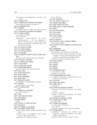 163 ter* muita l´abia
n˜ao arriscar demasiadamente, proceder com
cautela
ter* a palavra de
(ter* a palavra/) debaixo da l´ıngua
estar quase a lembrar-se da palavra
ter* a papinha feita
ter* `a perna
ter algu´em sempre a vigiar-nos ou estorvar-nos
ter* a resposta na ponta da l´ıngua
ter* a rosca mo´ıda
ser ou parecer maluco
level: coloquial
sin´onimos: faltar*-lhe*PN (um para-
fuso/parafusos) ; ter um parafuso a
menos; ter* pancada na mola; n˜ao bater*
bem da (bola/mona/cachim´onia/tola) ; n˜ao
ser* bom da cabe¸ca
ter* as cartas na m˜ao
ter* as costas largas
ter* as costas quentes
ter* a seus p´es
(ter* as/(ﬁcar*/estar*/) de/) m˜aos ata-
das
n˜ao poder fazer nada perante uma situa¸c˜ao
ter* as horas contadas
ter* as r´edeas nas m˜aos
ter* a sua conta
ter* a vida por um ﬁo
ter* bicho-carpinteiro
diz-se de algu´em que n´ao p´ara quieto
ter* boa cara
ter* (boa/m´a) boca
ter* bom corpo
ter* bom estˆomago
ter* bom olho
ter* (bom/) ouvido
ter facilidade de aprendizagem musical
ter* cabe¸ca
ter bom senso e ser racional
(ter*/) cabe¸ca fria
calma
ter* cabelos no cora¸c˜ao
ser cruel e preverso
ter* calo
ter* carradas de raz˜ao
ter* casa posta
terceira idade
velhice
(ter*/com) o credo na boca
ter* conversa
(ter*/) culpas no cart´orio
ter* de comer muita broa
ainda te falta crescer, evoluir, aprender muita
coisas
exemplo: Para me conseguires vencer, ainda
tens de comer muita broa!
sin´onimos: ter* muito que andar
level: coloquial
ter* de mem´oria
ter* de nascer outra vez
ter* diante dos olhos
ter* dois dedos de testa
ter* dois pesos e duas medidas
ter* dom
ter* em alto pre¸co
ter* em conta
ter* em vista
ter* entre m˜aos
estar a tratar de
teres e haveres
(ter*/estar* com) a l´ıngua aﬁada
dizer mal de algu´em
(ter*/estar* com/) olhos de carneiro mal
morto
ter* estˆomago
(ter*/) falta de ch´a
sem maneiras, mal vestido, sem educa¸c˜ao
etim: O ch´a esteve sempre associado a um certo
requinte, a classes sociais altas por ser origi-
nalmente consumido por fam´ılias nobres.
sin´onimos: labrego; simpl´orio; parolo
ter* fraca ﬁgura
ter* futuro
ter* ganas
ter* garra
ter* gra¸ca
ter* inclina¸c˜ao para
ter voca¸c˜ao, ter jeito
sin´onimos: ter* queda
ter* macaquinhos no s´ot˜ao
ser maluco, apresentar comportamentos com-
pletamente irracionais
ter* m´a cara
ter* mais que fazer
ter* m˜ao em si
controlar-se
ter* medo da pr´opria sombra
Pessoa que tem medo em excesso e de muitas
coisas
sin´onimos: medricas
exemplo: A Eliza ´e uma aﬂitinha: tem medeo
da pr´opria sombra.
ter* medo de entalar o rabo
ter* medo que se pela
ter muito medo
ter* miolos de galinha
ser muito pouco inteligente
´e um: insulto
sin´onimos: est´upido*G-N como uma galinha
ter* muita l´abia
especialmente dedicado aos pol´ıticos mas
tamb´em a alguns mangan˜oes com muita
l´abia e pouca feitura
sin´onimos: falar* de alto; cantar* de galo
 