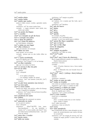 ter* muita pinta 164
ter* muita pinta
ter* muita sa´ıda
ter* muito que andar
ainda te falta crescer, evoluir, aprender muita
coisas
sin´onimos: ter* de comer muita broa
exemplo: o rapaz promete mais ainda tem
muito que andar
ter* na ponta da l´ıngua
ter* o cond˜ao
(ter* o/) cora¸c˜ao ao p´e da boca
ter* o cora¸c˜ao aos pulos
ter* o dom da palavra
ter* (o/) dom de palavra
ser bem-falante, eloquente
ter* o ju´ızo no seu lugar
ter* olho (cl´ınico/)
saber do assunto, ter intui¸c˜ao
ter* olhos na cara
estar atento, ver as coisas
exemplo: pensas que eu n˜ao tenho olhos na
cara?
ter* o nariz arrebitado
diz-se de algu´em que ´e altivo
sin´onimos: (ter*/trazer*) o rei na barriga
ter* os dias contados
algo que vai acabar em breve
ter* os nervos `a ﬂor da pele
ter*-os no s´ıtio
ser valente
level: coloquial
uso:
– s´o se aplica a homens
– ver tamb´em ‘mulher de armas‘
sin´onimos: (ser* um homem (com/de) /ter*)
tomates
ter* os p´es bem assentes (na terra/)
ter* os seus quˆes
(ter*/) ossos moles
Pessoa que alega, sem motivo, sofrer de doen¸ca
que o impede de trabalhar
sin´onimos: (ter* uma/) dor em frente do joelho;
ﬁngidor; pregui¸coso
ter* paciˆencia de santo
ter* paleio
ter capacidade de convencer os outros
ter* pancada na mola
ser ou parecer maluco
level: coloquial
sin´onimos: faltar*-lhe*PN (um para-
fuso/parafusos) ; ter um parafuso a
menos; ter* a rosca mo´ıda; n˜ao bater* bem
da (bola/mona/cachim´onia/tola) ; n˜ao ser*
bom da cabe¸ca
ter* para dar e vender
ter* pavio curto
ter* pˆelo na venta
sin´onimos: ter* sangue na guelra
ter* peneiras
ser vaidoso, ter a mania que faz tudo, que ´e
superior
sin´onimos: ser* faroleiro
ter* p´es de barro
ter* pinta
ter* p´o a
ter* pulso
ter* queda
ter voca¸c˜ao, ter jeito
sin´onimos: ter* inclina¸c˜ao para
exemplo: tu at´e tens queda para a m´usica
ter* quem lhe fa¸ca a papinha
ter* que se haver
ter* que se lhe diga
terra de ningu´em
terra natal
ter* sangue na guelra
sin´onimos: ter* pˆelo na venta
(ter*/ser*) galo
azar
(ter*/ser* um/) boca de charroco
Boca exageradamente grande no equil´ıbrio das
fei¸c˜oes duma pessoa
sin´onimos: bocarra
exemplo:
equiv: O peixe charroco tem a boca muito
grande
frase: A Manuela tem um bocado boca de
charroco...
(ter*/ser* um/) (cabe¸ca dura/cabe¸ca-
dura)
teimoso
sin´onimos: casmurro
ter* todos os ases na m˜ao
ter* todos os trunfos
com todas as condi¸c˜oes para resolver algo
sin´onimos: ter* a faca e o queijo na m˜ao
(ter*/trazer*) o diabo no corpo
(ter*/trazer*) o rei na barriga
diz-se de algu´em que ´e altivo
sin´onimos: ter* o nariz arrebitado
(ter*/) trˆes vint´ens
(tirar/ter) a virgindade
exemplo:
frase: a catraia ainda tem os trˆes vint´ens
equiv: ainda ´e virgem
level: cal˜ao carroceiro
sin´onimos: tirar os (trˆes/3)
ter* treta
ter* uma apoplexia
ﬁcar tresloucado devido a uma situa¸c˜ao ou con-
junto de acontecimentos que nunca deviam
ter acontecido
sin´onimos: ter* um ataque de nervos; ter* um
ataque de caspa; perder* o norte; ﬁcar* des-
vairado
 