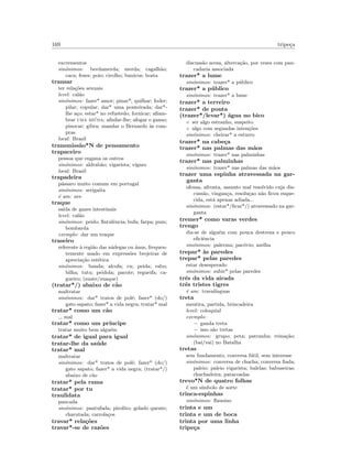 169 tripe¸ca
excrementos
sin´onimos: berdamerda; merda; cagalh˜ao;
caca; fezes; poio; cirolho; bunicos; bosta
transar
ter rela¸c˜oes sexuais
level: cal˜ao
sin´onimos: fazer* amor; pinar*; quilhar; foder;
pilar; copular; dar* uma ponteirada; dar*-
lhe a¸co; estar* no refustedo; fornicar; aﬁam-
brar uma mi´uda; aﬁnfar-lhe; afogar o ganso;
pinocar; gibra; mandar o Bernardo `as com-
pras
local: Brasil
transmiss˜ao*N de pensamento
trapaceiro
pessoa que engana os outros
sin´onimos: aldrab˜ao; vigarista; v´ıgaro
local: Brasil
trapadeira
p´assaro muito comum em portugal
sin´onimos: serigaita
´e um: ave
traque
sa´ıda de gazes intestinais
level: cal˜ao
sin´onimos: peido; ﬂatulˆencia; bufa; farpa; pum;
bombarda
exemplo: dar um traque
traseiro
referente `a regi˜ao das n´adegas ou ´anus, frequen-
temente usado em express˜oes brejeiras de
aprecia¸c˜ao est´etica
sin´onimos: bunda; alcofa; cu; peida; rabo;
bilha; tutu; peidola; pacote; regueifa; ca-
gueiro; (zuate/zuaque)
(tratar*/) abaixo de c˜ao
maltratar
sin´onimos: dar* tratos de pol´e; fazer* (do/)
gato sapato; fazer* a vida negra; tratar* mal
tratar* como um c˜ao
mal
tratar* como um pr´ıncipe
tratar muito bem algu´em
tratar* de igual para igual
tratar-lhe da sa´ude
tratar* mal
maltratar
sin´onimos: dar* tratos de pol´e; fazer* (do/)
gato sapato; fazer* a vida negra; (tratar*/)
abaixo de c˜ao
tratar* pela rama
tratar* por tu
traulidata
pancada
sin´onimos: pantufada; pirolito; gelado quente;
charutada; carrola¸cos
travar* rela¸c˜oes
travar*-se de raz˜oes
discuss˜ao acesa, alterca¸c˜ao, por vezes com pan-
cadaria associada
trazer* a lume
sin´onimos: trazer* a p´ublico
trazer* a p´ublico
sin´onimos: trazer* a lume
trazer* a terreiro
trazer* de ponta
(trazer*/levar*) ´agua no bico
◦ ser algo estranho, suspeito
◦ algo com segundas inten¸c˜oes
sin´onimos: cheirar* a esturro
trazer* na cabe¸ca
trazer* nas palmas das m˜aos
sin´onimos: trazer* nas palminhas
trazer* nas palminhas
sin´onimos: trazer* nas palmas das m˜aos
trazer uma espinha atravessada na gar-
ganta
ofensa, afronta, assunto mal resolvido cuja dis-
cuss˜ao, vingan¸ca, resolu¸cao n˜ao ﬁcou esque-
cida, est´a apenas adiada...
sin´onimos: (estar*/ﬁcar*/) atravessado na gar-
ganta
tremer* como varas verdes
trengo
diz-se de algu´em com pouca destreza e pouco
eﬁciˆencia
sin´onimos: palerma; pac´ovio; azelha
trepar* `as paredes
trepar* pelas paredes
estar desesperado
sin´onimos: subir* pelas paredes
trˆes da vida airada
trˆes tristes tigres
´e um: traval´ınguas
treta
mentira, partida, brincadeira
level: coloquial
exemplo:
– ganda treta
– isso s˜ao tretas
sin´onimos: grupo; peta; patranha; reina¸c˜ao;
(bai/vai) no Batalha
tretas
sem fundamento, conversa f´util, sem interesse
sin´onimos: conversa de chacha; conversa ﬁada;
paleio; paleio vigarista; balelas; babuseiras;
chuchadeira; patacoadas
trevo*N de quatro folhas
´e um s´ımbolo de sorte
trinca-espinhas
sin´onimos: ﬂausino
trinta e um
trinta e um de boca
trinta por uma linha
tripe¸ca
 