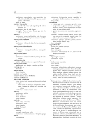27 cacete
sin´onimos: coscuvilheiro; cusca; metedi¸co; bis-
bilhoteiro; besbilhoteiro; fofoqueiro; mexiri-
queiro; bilhardeiro
local: pt norte
cabar´e da cocha
s´ıtio onde vale tudo, toda a gente pode entrar,
mandar, etc.
sin´onimos: casa de m˜ae Joana
exemplo: Porta-te bem. Pensas que isto ´e o
cabar´e da cocha?
cabe¸ca
sin´onimos: mona; cachim´onia; tola; bestunto;
bestunteira; cornos; cuca; caixa dos pirolitos
cabe¸ca-de-ab´obora
in
sin´onimos: cabe¸ca-de-alho-chocho; cabe¸ca-de-
burro
cabe¸ca-de-alho-chocho
in
sin´onimos: cabe¸ca-de-ab´obora; cabe¸ca-de-
burro
cabe¸ca-de-burro
in
sin´onimos: cabe¸ca-de-ab´obora; cabe¸ca-de-alho-
chocho
cabe¸ca-de-giz
pol´ıcia militar (alos˜ao aos capacetes brancos)
cabe¸ca-de-vento
algu´em que est´a sempre a mudar de ideias
cabe¸ca-no-ar
distra´ıdo
cabe¸ca-oca
´e um: insulto
cabelo no venta
caber* numa m˜ao fechada
cabide-ambulante
cabo dos trabalhos
estar metido num grande sarilho ou diﬁculdade
exemplo:
equiv: coisa ou situa¸c˜ao complicada, dif´ıcil
frase: Quando ele chegou foi o cabo dos tra-
balhos
sin´onimos: camisa-de-onze-varas
cabra
sin´onimos: cabr˜ao
level: cal˜ao
local: Portugal
´e um: insulto
cabr˜ao
level: cal˜ao carroceiro
sin´onimos: cabra
´e um: insulto
local: Portugal
cabritar
vomitar
exemplo: cabritou-se todo
sin´onimos: vomitar; chamar o Greg´orio; gregar
caca
excrementos
sin´onimos: berdamerda; merda; cagalh˜ao; fe-
zes; poio; cirolho; bunicos; trampa; bosta
level: cal˜ao
cacafelho
◦ crian¸ca que est´a a come¸car a aprender coisas
e a percebˆe-las, garoto que tem a mania que ´e
esperto, crian¸ca ainda pequena que crˆe saber
mais do que de facto sabe
◦ garoto, jovem do sexo masculino, algo atre-
vido
exemplo: ”Sempre que me d´as um beijo ´e por-
que me queres perguntar alguma coisa. Te-
nho raz˜ao ou n˜ao, meu cacafelho?”
sin´onimos: ganapo; pirralho; pivete; catraio;
puto; mi´udo; garoto; guri
level: coloquial
ca¸car barulho
armar uma grande confus˜ao
local: Brasil
level: coloquial
sin´onimos: armar uma l˜a de c˜ao; armar um 31;
procurar confus˜ao
cacete
tipo de p˜ao comprido
sin´onimos: bagete
•
´org˜ao sexual masculino
local: Brasil
level: cal˜ao
sin´onimos: (p´enis/pˆenis); pila; pincel; pi¸ca; ca-
ralho; pau; pinto; ponteiro; abono de fam´ılia;
porra; drejo; bregalho; vergalho; piroca; pi-
rilau; pichota; basalto; banana; pirola; pis-
salho; pi¸calho; bitola; blica; black and dec-
ker; bordalo; bacamarte; marsapo; besugo;
quinta perna do burro; sabordalh˜ao
•
haxixe, produto solidiﬁcado da seiva do canabis.
Entorpecente extra´ıdo de uma variedade de
cˆanhamo (Cannabis indica), cujos efeitos
no organismo humano s˜ao an´alogos aos do
´opio. Do ´oleo can´abico se extrai o hidro-
carbureto C. 18 H. 20, denominado cana-
beno, antiespasm´odico e narc´otico que, mi-
nistrado em doses consider´aveis, produz sin-
tomas psic´oticos e intoxica¸c˜ao. ´E aplic´avel
nos est´agios de delirium tremens. Muitos
identiﬁcam o haxixe com a maconha. Co-
mun´ıssimo na ´Africa do Norte e no Oriente
Pr´oximo, o haxixe tem muito em comum
com o voc´abulo assassino, pois este deriva do
´arabe aschinchin, denomina¸c˜ao que se dava
aos sect´arios de Hassan-ben-Sabbab, apeli-
dado o Velho da Montanha, o qual fundou,
em ﬁns do s´eculo XI, na fortaleza de Ala-
mout, na P´ersia, uma comunidade que se
pretendia soberana, verdadeiro Estado espi-
ritualista assentado num trip´e ideol´ogico: no
plano pol´ıtico, obediˆencia irrestrita ao chefe,
 