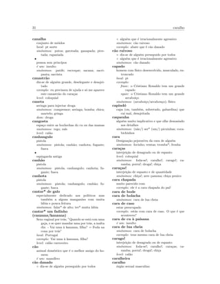 31 caralho
canalha
conjunto de mi´udos
local: pt norte
sin´onimos: putos; garotada; ganapada; pive-
tada; rapaziada
•
pessoa sem princ´ıpos
´e um: insulto
sin´onimos: patife; escroque; sacana; sacri-
panta; sacrista
canastr˜ao
diz-se de algu´em grande, deselegante e desajei-
tado
exemplo: eu precisava de ajuda e s´o me aparece
este canastr˜ao do cara¸cas
level: coloquial
caneta
seringa para injectar droga
sin´onimos: compressor; seringa; bomba; chica;
martelo; gringa
dom: droga
cangosta
espa¸co entre as bochechas do cu ou das mamas
sin´onimos: rego; vale
level: cal˜ao
canhangulo
pistola
sin´onimos: pistola; canh˜ao; canhota; fugante;
fusca
•
espingarda antiga
canh˜ao
pistola
sin´onimos: pistola; canhangulo; canhota; fu-
gante; fusca
canhota
pistola
sin´onimos: pistola; canhangulo; canh˜ao; fu-
gante; fusca
cantar* de galo
especialmente dedicado aos pol´ıticos mas
tamb´em a alguns mangan˜oes com muita
l´abia e pouca feitura
sin´onimos: falar* de alto; ter* muita l´abia
cantar* um fadinho
(canzana/kanzana)
Sexo vaginal por tr´as; ”Quando se est´a com uma
gaja, e se quer mandar uma por tr´as, a malta
diz: - Vai uma `a kanzana, ﬁlha? = Foda na
cona por tr´as”
local: Portugal
exemplo: Vai uma `a kanzana, ﬁlha?
level: cal˜ao carroceiro
c˜ao
animal dom´estico que ´e o melhor amigo do ho-
mem
´e um: mam´ıfero
c˜ao danado
◦ diz-se de algu´em perseguido por todos
◦ algu´em que ´e irracionalmente agressivo
sin´onimos: c˜ao raivoso
exemplo: abate que ´e c˜ao danado
c˜ao raivoso
◦ diz-se de algu´em perseguido por todos
◦ algu´em que ´e irracionalmente agressivo
sin´onimos: c˜ao danado
capado
homem com f´ısico desenvolvido, musculado, en-
troncado
local: pt
exemplo:
frase: o Cristiano Ronaldo tem um grande
capado
equiv: o Cristiano Ronaldo tem um grande
arcaboi¸co
sin´onimos: (arcaboi¸co/arcabou¸co); f´ısico
capind´o
capa (ou, tamb´em, sobretudo, gabardina) que
cai mal, desajeitada
caquenha
algu´em muito implicativo e que olhe demasiado
aos detalhes
sin´onimos: (n˜ao/) ser* (um/) picuinhas; coca-
bichinhos
cara
Designa¸c˜ao pejorativa da cara de algu´em
sin´onimos: focinho; ventas; tromba*; fronha
cara¸cas
interjei¸c˜ao de desagrado ou de espanto
level: coloquial
sin´onimos: foda-se!; caralho!; carago!; ca-
ramba; porra!; droga!; chi¸ca
cara¸cas!
interjei¸c˜ao de espanto e de quantidade
sin´onimos: chi¸ca!; arre ¸camona; chi¸ca penico
cara chapada
muito parecido com
exemplo: ele ´e a cara chapada do pai!
cara de bode
cara de bolacha
sin´onimos: cara de lua cheia
cara de caso
estar preocupado
exemplo: est´as com cara de caso. O que ´e que
aconteceu?
cara de cu `a paisana
´e um: insulto
cara de lua cheia
sin´onimos: cara de bolacha
exemplo: tens mesmo cara de lua cheia
carago!
interjei¸c˜ao de desagrado ou de espanto
sin´onimos: foda-se!; caralho!; cara¸cas; ca-
ramba; porra!; droga!; chi¸ca
level: cal˜ao
caralheira
caralho
´org˜ao sexual masculino
 