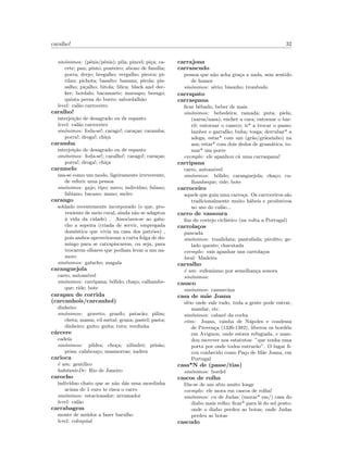 caralho! 32
sin´onimos: (p´enis/pˆenis); pila; pincel; pi¸ca; ca-
cete; pau; pinto; ponteiro; abono de fam´ılia;
porra; drejo; bregalho; vergalho; piroca; pi-
rilau; pichota; basalto; banana; pirola; pis-
salho; pi¸calho; bitola; blica; black and dec-
ker; bordalo; bacamarte; marsapo; besugo;
quinta perna do burro; sabordalh˜ao
level: cal˜ao carroceiro
caralho!
interjei¸c˜ao de desagrado ou de espanto
level: cal˜ao carroceiro
sin´onimos: foda-se!; carago!; cara¸cas; caramba;
porra!; droga!; chi¸ca
caramba
interjei¸c˜ao de desagrado ou de espanto
sin´onimos: foda-se!; caralho!; carago!; cara¸cas;
porra!; droga!; chi¸ca
caramelo
usa-se como um modo, ligeiramente irreverente,
de referir uma pessoa
sin´onimos: gajo; tipo; meco; indiv´ıduo; fulano;
fabiano; bacano; mano; melro
carango
soldado recentemente incorporado (e que, pro-
veniente de meio rural, ainda n˜ao se adaptou
`a vida da cidade) . Associava-se ao galu-
cho a sopeira (criada de servir, empregada
dom´estica que vivia na casa dos patr˜oes) ,
pois ambos aproveitavam a curta folga de do-
mingo para se catrapiscarem, ou seja, para
trocarem olhares que podiam levar a um na-
moro
sin´onimos: galucho; magala
caranguejola
carro, autom´ovel
sin´onimos: carripana; b´olido; cha¸co; calhambe-
que; ride; bote
carapau de corrida
(carcanhois/carcanhol)
dinheiro
sin´onimos: graveto; granfo; patac˜ao; pilim;
cheta; massa; vil metal; grana; pastel; pasta;
dinheiro; guito; guita; tutu; verdinha
c´arcere
cadeia
sin´onimos: pildra; cho¸ca; xilindr´o; pris˜ao;
prisa; calabou¸co; masmorras; xadrez
carioca
´e um: gent´ılico
habitanteDe: Rio de Janeiro
carocho
indiv´ıduo chato que se n˜ao d´as uma moedinha
acima de 1 euro te risca o carro
sin´onimos: estacionador; arrumador
level: cal˜ao
carrabagem
monte de mi´udos a fazer barulho
level: coloquial
carrajona
carrancudo
pessoa que n˜ao acha gra¸ca a nada, sem sentido
de humor
sin´onimos: s´erio; bisonho; trombudo
carrapato
carraspana
ﬁcar bˆebado, beber de mais
sin´onimos: bebedeira; ramada; puta; piela;
(narsa/nasa); encher a cara; entornar o bar-
ril; entornar o caneco; ir* a trocar o passo;
lamber o garraf˜ao; buba; tosga; derrubar* a
adega; estar* com um (gr˜ao/gr˜aozinho) na
asa; estar* com dois dedos de gram´atica; to-
mar* um porre
exemplo: ele apanhou c´a uma carraspana!
carripana
carro, autom´ovel
sin´onimos: b´olido; caranguejola; cha¸co; ca-
lhambeque; ride; bote
carroceiro
aquele que guia uma carro¸ca. Os carroceiros s˜ao
tradicionalmente muito h´abeis e produtivos
no uso do cal˜ao...
carro de vassoura
ﬁm do cortejo cicl´ıstico (na volta a Portugal)
carrola¸cos
pancada
sin´onimos: traulidata; pantufada; pirolito; ge-
lado quente; charutada
exemplo: vais apanhar uns carrola¸cos
local: Madeira
carvalho
´e um: eufemismo por semelhan¸ca sonora
sin´onimos:
casaco
sin´onimos: camurcina
casa de m˜ae Joana
s´ıtio onde vale tudo, toda a gente pode entrar,
mandar, etc.
sin´onimos: cabar´e da cocha
etim: Joana, rainha de N´apoles e condessa
de Proven¸ca (1326-1382), liberou os bord´eis
em Avignon, onde estava refugiada, e man-
dou escrever nos estatutos: ”que tenha uma
porta por onde todos entrar˜ao”. O lugar ﬁ-
cou conhecido como Pa¸co de M˜ae Joana, em
Portugal
casa*N de (passe/tias)
sin´onimos: bordel
cascos de rolha
Diz-se de um s´ıtio muito longe
exemplo: ele mora em cascos de rolha!
sin´onimos: cu de Judas; (morar* em/) casa do
diabo mais velho; ﬁcar* para l´a do sol posto;
onde o diabo perdeu as botas; onde Judas
perdeu as botas
cascudo
 