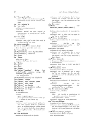 47 dar*-lhe um (xilique/xelique)
dar* duas palavrinhas
sin´onimos: dar* dois dedos de conversa; por* a
conversa em dia; dar duas de converva; bate-
papo
dar* em chalado*N
dar* em cheio
adivinhar, acertar precisamente
local: Brasil
sin´onimos: acertar* em cheio; acertar* na
mosca; acertar* na mouche; acertar* no olho
do mosquito
dar* em nada
n˜ao se realizar
sin´onimos: (ﬁcar*/dar*/acabar*) em ´aguas de
bacalhau; acabar* em pizza
darem-se como c˜aes
darem-se como Deus com os Anjos
diz-se de passoas que se d˜ao muito bem
dar* espect´aculo
(dar*/estender*) a m˜ao `a palmat´oria
(dar*/estender*) a m˜ao*N
dar* fa´ısca
dar* ﬁasco
falhar, ser um ﬁasco
sin´onimos: dar* raia; dar* asneira
dar* frutos
dar* graxa
dar* jeito
dar* largas
(dar*/levar*/apanhar*) (/um (en-
xerto/ensaio) de/uma carga de)
porrada (/da grossa)
´e um: frase pitoresca
(dar*/levar*/passar*) um raspanete
(dar*/levar*) tampa
(dar*/levar*) uma resposta torta
(dar*/levar*) uma trepa
(dar*/levar*) um banho
(dar*/levar*) um pux˜ao de orelhas
(dar*/levar*) um toque
dar*-lhe a¸co
ter rela¸c˜oes sexuais
exemplo:
equiv: ...copular vigoroso
frase: ”passa um amigo com uma mi´uda gira
e algu´em lhe diz – d´a-lhe a¸co”
level: cal˜ao
sin´onimos: fazer* amor; pinar*; quilhar; fo-
der; pilar; copular; dar* uma ponteirada;
estar* no refustedo; fornicar; transar; aﬁam-
brar uma mi´uda; aﬁnfar-lhe; afogar o ganso;
pinocar; gibra; mandar o Bernardo `as com-
pras
dar*-lhe a ﬁloxera
desmaiou ou ﬁcou doente de repente
sin´onimos: dar* o badagaio; dar* o berro;
dar*-lhe um chilique; dar*-lhe um (xili-
que/xelique) ; dar*-lhe o beri-beri; dar*-lhe
(o/um) fanico
dar-lhe a valer
dar*-lhe na (ca-
chim´onia/cabe¸ca/mona/veneta)
lembrar-se (irracionalmente) de fazer algo im-
previsto
sin´onimos: dar* na telha; dar*-lhe para ali;
dar*-lhe na (real/) gana
dar*-lhe na (real/) gana
lembrar-se (irracionalmente) de fazer algo im-
previsto
sin´onimos: dar*-lhe na (ca-
chim´onia/cabe¸ca/mona/veneta) ; dar*
na telha; dar*-lhe para ali
dar*-lhe o beri-beri
desmaiou ou ﬁcou doente de repente
sin´onimos: dar* o badagaio; dar* o berro;
dar*-lhe um chilique; dar*-lhe um (xili-
que/xelique) ; dar*-lhe (o/um) fanico; dar*-
lhe a ﬁloxera
dar*-lhe o lˆampedo
◦ desapareceu deﬁnitivamente, sumiu-se
◦ ﬁcou inutilizado
sin´onimos: foi `a viola; foi (`a/de) vela; foi*N
para o maneta
dar*-lhe (o/um) fanico
desmaiou ou ﬁcou doente de repente
sin´onimos: dar* o badagaio; dar* o berro;
dar*-lhe um chilique; dar*-lhe um (xili-
que/xelique) ; dar*-lhe o beri-beri; dar*-lhe
a ﬁloxera
dar*-lhe para ali
lembrar-se (irracionalmente) de fazer algo im-
previsto
sin´onimos: dar*-lhe na (ca-
chim´onia/cabe¸ca/mona/veneta) ; dar*
na telha; dar*-lhe na (real/) gana
dar-lhe uma ensaboadela
ensinar, estudar, relembrar
exemplo:
frase: vou dar-lhe a ensaboadela de
gram´atica para o teste de amanh˜a
equiv: ensinar-lhe `a pressa
sin´onimos: refrescar (as ideias/a mat´eria)
dar*-lhe um chilique
desmaiou ou ﬁcou doente de repente
sin´onimos: dar* o badagaio; dar* o berro; dar*-
lhe um (xilique/xelique) ; dar*-lhe o beri-
beri; dar*-lhe (o/um) fanico; dar*-lhe a ﬁlo-
xera
dar*-lhe um (xilique/xelique)
desmaiou ou ﬁcou doente de repente
nota: graﬁa duvidosa
 