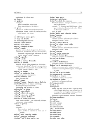de fresco 52
sin´onimos: de cabo a rabo
de fresco
de ginjeira
exemplo:
equiv: conhe¸co-te muito bem
frase: eu conhe¸co-te de ginjeira
de gra¸ca
algo que se recebe ou come gratuitamente
sin´onimos: `a pala; `a borla; `a (borlius/borli´u) ;
saber a pato com penas
•
de h´a tempos a esta parte
de hoje em diante
de homem para homem
deitar* a casa abaixo
deitar* ´agua benta
deitar* a l´ıngua de fora
deitar* a m˜ao
guardar para si, fazer desaparecer, ﬁcar com...
sin´onimos: aﬁambrar*; abotoar*-se com coisa;
aﬁambrar*-se com coisa; abarbatar*-se com
coisa; gamar*; deitar* as garras
deitar* a perder
deitar* a rede
deitar* as barbas de molho
deitar* as garras
guardar para si, fazer desaparecer, ﬁcar com...
sin´onimos: aﬁambrar*; abotoar*-se com coisa;
aﬁambrar*-se com coisa; abarbatar*-se com
coisa; gamar*; deitar* a m˜ao
deitar* as unhas
deitar* as unhas de fora
amea¸car, postura amea¸cadora
deitar* contas `a vida
faser contas `a vida
deitar* corpo
(deitar*/lan¸car) foguetes antes da festa
(deitar*/levar*) as m˜aos `a cabe¸ca
ﬁcar* espantado ou assustado
sin´onimos: pˆor* as m˜aos na cabe¸ca
deitar-lhe* as m˜aos
deitar* mau-olhado
deitar* o barro `a parede
deitar* o cora¸c˜ao ao largo
deitar* o nariz de fora
deitar* os bofes pela boca
estar muito can¸cado e com respira¸c˜ao ofegante
sin´onimos: estar estafado
deitar os garfos
roubar
exemplo:
frase: deita os garfos nessa mala
equiv: roubar a carteira da mala (da se-
nhora)
deitar* para tr´as das costas
deitar* pimenta na l´ıngua
(deitar*/pˆor*) ´agua na fervura
deitar* por terra
deitar-se a adivinhar
deitar*-se atr´as do comboio
Referˆencia jocosa a alega¸c˜ao, mentirosa, de in-
ten¸c˜ao de suic´ıdio
exemplo: ”O Henrique and h´a 10 anos a dizer
que se vai matar. Qualquer dia vai ... deitar-
se atr´as dum comboio!”
local: pt norte
deitar* tudo para tr´as das costas
deitar* veneno
deixar* andar
permitir que uma certa situa¸c˜ao continue
sin´onimos: deixar* correr
deixar* a porta aberta
deixar* as coisas como est˜ao
deixar* correr
permitir que uma certa situa¸c˜ao continue
sin´onimos: deixar* andar
deixar* em paz
deixar* muito a desejar
deixar*-se de cantigas
sin´onimos: deixar*-se de hist´orias
deixar*-se de ﬁtas
de ﬁngir
deixar*-se de hist´orias
sin´onimos: deixar*-se de cantigas
Deixar*-se ir na conversa...
Deixar-se convencer a ter rela¸c˜oes sexuais
sin´onimos: escorregar* na cal¸cada; escorregar*
na fonte
deixar*-se ir na corrente
deixemo-nos de conversas
de lamber os bei¸cos
sin´onimos: de lamber os dedos
de lamber os dedos
sin´onimos: de lamber os bei¸cos
de lan¸ca em riste
de l´es a l´es
delinquente
algu´em que pela forma de vestir (bon´e de lado,
cal¸cas largas, piercings nas orelhas) ou de
se comportar n˜ao inspira conﬁan¸ca, estando
associado `a criminalidade menor
sin´onimos: guna; meliante; bandido; desonesto
de longe em longe
de loucos
de m´a fama
de mais a mais
de mal a pior
de m˜ao em m˜ao
(de/) m˜aos dadas
de m˜aos livres
de mau grado
de meia-tigela
de mem´oria
de mim para mim
 