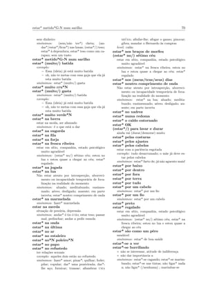 estar* metido*G-N num sarilho 70
sem dinheiro
sin´onimos: (sem/n˜ao ter*) cheta; (an-
dar*/estar*/ﬁcar*) nas lonas; (estar*/) teso;
estar* `a dependura; estar* teso como um ca-
rapau; sem um tusto
estar* metido*G-N num sarilho
estar* (muito/) batida
exemplo:
– Essa (ideia) j´a est´a muito batida
– oh, n˜ao te metas com essa gaja que ela j´a
esta muito batida
sin´onimos: estar* (muito/) gasta
estar* muito cru*N
estar* (muito/) gasta
sin´onimos: estar* (muito/) batida
exemplo:
– Essa (ideia) j´a est´a muito batida
– oh, n˜ao te metas com essa gaja que ela j´a
esta muito batida
estar* muito verde*N
estar* na berra
estar na moda, ser afamado
sin´onimos: ´e o que est´a a dar
estar* na engorda
estar* na ﬁla
estar* na forja
estar* na fresca ribeira
estar em s´ıtio, companhia, estado psicol´ogico
muito agrad´avel
sin´onimos: (estar* no/) s´etimo c´eu; estou no
lua e estou quase a chegar ao c´eu; estar*
regalado
estar* na jogada
estar* na lua
N˜ao estar atento por introspec¸c˜ao, aborreci-
mento ou incapacidade tempor´aria de foca-
liza¸c˜ao na realidade do momento
sin´onimos: aluado; meditabundo; ensimes-
mado; a´ereo; desligado; ausente; em parte
incerta; estar* noutro comprimento de onda
estar* na marmelada
sin´onimos: fazer* marmelada
estar na merda
situa¸c˜ao de pen´uria, depress˜ao
sin´onimos: andar* ´o tio ´o tio; estar teso; passar
mal; pedinchar; andar a pedir esmola
estar* na onda
estar* na ´ultima
estar* no ar
estar* no estaleiro
estar* no*N poleiro*N
estar* no papo
estar* no refustedo
ter rela¸c˜oes sexuais
exemplo: aqueles dois est˜ao no refustedo
sin´onimos: fazer* amor; pinar*; quilhar; foder;
pilar; copular; dar* uma ponteirada; dar*-
lhe a¸co; fornicar; transar; aﬁambrar uma
mi´uda; aﬁnfar-lhe; afogar o ganso; pinocar;
gibra; mandar o Bernardo `as compras
level: cal˜ao
estar* nos bra¸cos de morfeu
(estar* no/) s´etimo c´eu
estar em s´ıtio, companhia, estado psicol´ogico
muito agrad´avel
sin´onimos: estar* na fresca ribeira; estou no
lua e estou quase a chegar ao c´eu; estar*
regalado
estar* nos (meus/teus/seus) dias
estar* noutro comprimento de onda
N˜ao estar atento por introspec¸c˜ao, aborreci-
mento ou incapacidade tempor´aria de foca-
liza¸c˜ao na realidade do momento
sin´onimos: estar* na lua; aluado; medita-
bundo; ensimesmado; a´ereo; desligado; au-
sente; em parte incerta
estar* no xadrez
estar* numa redoma
estar* o caldo entornado
estar* OK
(estar*/) para lavar e durar
ainda vai (durar/demorar) muito
estar* pelas costuras
estar* pelos ajustes
estar* pelos cabelos
estar com a paciˆencia esgotada
exemplo: tudo desarrumado; o m˜ae j´a deve es-
tar pelos cabelos
sin´onimos: estar* farto de; j´a n˜ao aguento mais!
estar* por baixo
estar* por dentro
estar* por fora
estar* por terra
estar* por tudo
estar* por um cabelo
sin´onimos: estar* por um ﬁo
estar* por um ﬁo
sin´onimos: estar* por um cabelo
estar* preto
estar* regalado
estar em s´ıtio, companhia, estado psicol´ogico
muito agrad´avel
sin´onimos: (estar* no/) s´etimo c´eu; estar* na
fresca ribeira; estou no lua e estou quase a
chegar ao c´eu
estar* s˜ao como um pˆero
saud´avel
sin´onimos: estar* de boa sa´ude
estar*-se a ver
estar*-se borrifando
◦ n˜ao se interessar, atitude de indiferen¸ca
◦ n˜ao dar importˆancia a
sin´onimos: estar*-se cagando; estar*-se marim-
bando; estar*-se nas tintas; n˜ao ligar* nada
a; n˜ao ligar* (/nenhuma) ; marimbar-se
 