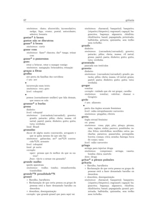 87 gritaria
sin´onimos: chato; aborrecido; incomodativo;
melga; fega; cromo; postal; autocolante;
adesivo; besunta
gostar* `a brava
gostos n˜ao se discutem
gozar* `a brava
sin´onimos: curtir
gozar com
sin´onimos: fazer* chacota; dar* tanga; reinar
com
gozar* o panorama
gozo
estar a brincar, estar a mangar comigo
sin´onimos: manga¸c˜ao; brincadeira; reina¸c˜ao
gra¸cas a Deus
gralha
ave preta da fam´ılias dos corv´ıdeos
´e um: ave
•
incorrec¸c˜ao num texto
sin´onimos: erro; gato
level: coloquial
•
pessoa (normalmente mulher) que fala demais,
que nunca se cala
gramar* a bucha
grana
dinheiro
level: coloquial
sin´onimos: (carcanhois/carcanhol); graveto;
granfo; patac˜ao; pilim; cheta; massa; vil
metal; pastel; pasta; dinheiro; guito; guita;
tutu; verdinha
local: Brasil
granadas
diz-se de alg´em muito convencido, arrogante e
que se gaba mesmo do que n˜ao faz
sin´onimos: gabarolas; ser* um*GN conven-
cido*GN; armante
level: coloquial
local: pt norte
exemplo:
equiv: pensas que ´es melhor do que os ou-
tros?
frase: t´as-te a armar em granada?
grande malho
queda aparatosa
sin´onimos: tralho; tombo; estamboereda;
trambolh˜ao
grande*N penalidade*N
granel
◦ Barulho, barulheira
◦ Reclama¸c˜ao de que certa pessoa ou grupo de
pessoas est´a a fazer demasiado barulho ou
desordem
◦ desordem, desorganiza¸c˜ao
exemplo: que grande granel que para aqui vai
sin´onimos: chavascal; basqueiral; basqueiro;
(xiqueiro/chiqueiro); engranzel; caga¸cal; ba-
gunceira; bagun¸ca; algazarra; chinfrim;
chinfrineira; banz´e; papagaiada; peixeirada;
balb´urdia; gritaria; quizumba; sem trelho
nem trebelho
granfo
dinheiro
sin´onimos: (carcanhois/carcanhol); graveto;
patac˜ao; pilim; cheta; massa; vil metal;
grana; pastel; pasta; dinheiro; guito; guita;
tutu; verdinha
gravatada
pancada nos test´ıculos
graveto
dinheiro
sin´onimos: (carcanhois/carcanhol); granfo; pa-
tac˜ao; pilim; cheta; massa; vil metal; grana;
pastel; pasta; dinheiro; guito; guita; tutu;
verdinha
gregar
vomitar
exemplo: cuidado que ele vai gregar, caralho
sin´onimos: vomitar; cabritar; chamar o
Greg´orio
grelo
´e um: alimento
•
parte dos ´org˜aos sexuais femininos
level: cal˜ao estupidamente carroceiro
sin´onimos: pingalim; clit´oris
greta
´org˜ao sexual feminino
en: pussy
sin´onimos: cona; pipi; pito; pita¸co; pirona;
rata; vagina; ninho; parreco; pombinha; ra-
cha; febra; entrefolhos; mexilh˜ao; ostra; pa-
chacha; patareca; passarinha; perseguida;
boceta; cona¸ca; crica; aranha; fanesga; boca
do corpo; xana
level: cal˜ao carroceiro
gringa
seringa para injectar droga
sin´onimos: compressor; seringa; caneta;
bomba; chica; martelo
dom: droga
gritar* a plenos pulm˜oes
gritaria
◦ Barulho, barulheira
◦ Reclama¸c˜ao de que certa pessoa ou grupo de
pessoas est´a a fazer demasiado barulho ou
desordem
◦ desordem, desorganiza¸c˜ao
sin´onimos: chavascal; basqueiral; basqueiro;
(xiqueiro/chiqueiro); engranzel; caga¸cal; ba-
gunceira; bagun¸ca; algazarra; chinfrim;
chinfrineira; banz´e; papagaiada; granel; pei-
xeirada; balb´urdia; quizumba; sem trelho
nem trebelho
 