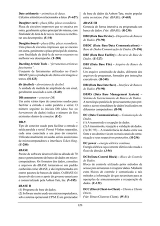 Date arithmetic – aritmética de datas.                      de base de dados da Ashton-Tate, muito popular
Cálculos aritméticos relacionados a datas. (V-627)          entre os micros. (Ver: dBASE). (V-603)
Daughter card – placa-filha, placa secundária.              dBASE III
Placa de circuitos impressos que se encaixa em              Gerencia de forma interativa ou programada um
outra, geralmente a placa principal do sistema, com         banco de dados. (Ver: dBASE). (R-230)
finalidade de dotá-la de novos recursos ou melho-
                                                            DBD (Data Base Device) – Dispositivo de Bancos
rar seu desempenho. (U-10)
                                                            de Dados. (W-90)
Daughterboard – placa-filha, placa secundária.
                                                            DBDC (Data Base/Data Communications) –
Uma placa de circuitos impressos que se encaixa
                                                            Base de Dados/Comunicação de Dados. (N-196)
em outra, geralmente a placa principal do sistema,
com finalidade de dotá-la de novos recursos ou              DBF (Data Base Facility) – Recurso de Base de
melhorar seu desempenho. (T-288)                            Dados. (U-327)
Dazzling Artistic Tools – “ferramentas artísticas           DBF (Data Base File) – Arquivo de Banco de
fascinantes”.                                               Dados.
Conjunto de ferramentas utilizadas no Corel-                Um arquivo constituído de dados, diferente dos
DRAW! para a produção de efeitos em imagens e               arquivos de programas, formados por instruções
textos. (H-123)                                             executáveis. (H-348)
db (decibel) – abreviatura de decibel.                      DBI (Data Base Interface) – Interface de Bancos
A unidade de medida de amplitude de um sinal,               de Dados. (W-90)
geralmente associado a som. (E-60)
                                                            DBMS (Data Base Management System) –
DB connector – conector DB.                                 Sistema de Gerenciamento de Bancos de Dados.
Um entre vários tipos de conectores usados para             A tecnologia paralela de processamento para per-
facilitar a entrada e saída paralela e serial. O            mitir o acesso simultâneo de dados localizados em
número seguinte às iniciais DB (data bus ou                 diferentes computadores. (B-98)
barramento de dados) indica o número de fios
existentes dentro de conector. (E-2)                        DC (Data Communication) – Comunicação de
                                                            Dados.
DB-9                                             –          (1) A transmissão e recepção de dados.
Tipo de conector usado para facilitar a entrada e           (2) A transmissão, recepção e validação de dados.
saída paralela e serial. Possui 9 linhas separadas,         (3) (TC 97) – A transferência de dados entre sua
cada uma conectada a um pino do conector.                   fonte e seu destino via um ou mais canais de comu-
Utilizado atualmente em saídas seriais assíncronas          nicação e seus respectivos protocolos. (H-256)
de microcomputadores e interfaces Token-Ring.
(U-280)                                                     DC power – energia elétrica contínua.
                                                            Energia elétrica cuja corrente elétrica não muda o
dBASE                                                       fluxo de direção. (J-56)
Pacote de software desenvolvido na década de 70
para o gerenciamento de banco de dados em micro-            DCB (Data Control Block) – Bloco de Controle
computadores. Os formatos dos dados, consultas              de Dados.
e arquivos do dBASE tornaram-se um padrão                   Bloco de controle utilizado pelos métodos de
conhecido como xBASE, e são implementados em                acesso para armazenar e recuperar dados. Mediante
outros pacotes de bancos de dados. O dBASE foi              estes blocos de controle é comunicada a tais
desenvolvido com o apoio do governo americano               métodos a informação de que necessitam para as
e comercializado pela Ashton Tate, Inc. (V-185)             operações de armazenamento e recuperação de
                                                            dados. (C-132)
dBASE II
(1) Programa de base de dados.                              DCC (Direct Client-to-Client) – Cliente a Cliente
(2) Software muito usado em microcomputadores,              Direto.
sob o sistema operacional CPM. É um gerenciador            (Ver: Direct Client-to-Client). (W-31)

                                                      120
 