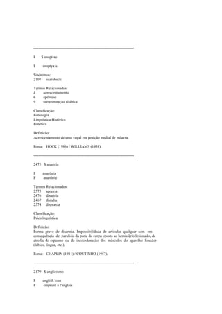--------------------------------------------------------------------------------
8 $ anaptixe
I anaptyxis
Sinónimos:
2107 suarabacti
Termos Relacionados:
4 acrescentamento
6 epêntese
9 reestruturação silábica
Classificação:
Fonologia
Linguística Histórica
Fonética
Definição:
Acrescentamento de uma vogal em posição medial de palavra.
Fonte: HOCK (1986) / WILLIAMS (1938).
--------------------------------------------------------------------------------
2475 $ anartria
I anarthria
F anarthrie
Termos Relacionados:
2573 apraxia
2476 disartria
2467 dislalia
2574 dispraxia
Classificação:
Psicolinguística
Definição:
Forma grave de disartria. Impossibilidade de articular qualquer som em
consequência de paralisia da parte do corpo oposta ao hemisfério lesionado, da
atrofia, do espasmo ou da incoordenação dos músculos do aparelho fonador
(lábios, língua, etc.).
Fonte: CHAPLIN (1981) / COUTINHO (1957).
--------------------------------------------------------------------------------
2179 $ anglicismo
I english loan
F emprunt à l'anglais
 