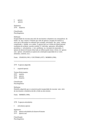 I apraxia
F apraxie
Sinónimos:
2574 dispraxia
Classificação:
Psicolinguística
Definição:
Incapacidade de executar uma série de movimentos voluntários em consequência de
lesões na área motora. O doente que sofre de apraxia é incapaz de realizar os
actos que se lhe pedem ou ordenam (por exemplo, articulação dos sons), embora
compreenda o pedido ou a ordem. A apraxia deve-se a lesões do lóbulo parietal
resultantes de acidente vascular cerebral. O indivíduo apresenta dificuldades
prosódicas e articulatórias e tem problemas na iniciação de enunciados. A
apraxia de desenvolvimento observada na infância pode tomar a forma de apraxia
oral, apraxia articulatória ou apraxia de construção (capacidade de se vestir,
alimentar, construir, etc.).
Fonte: CHAPLIN (1981) / COUTINHO (1957) / MORRIS (1988).
--------------------------------------------------------------------------------
2575 $ apraxia adquirida
I acquired apraxia
Termos Relacionados:
2475 anartria
2573 apraxia
2476 disartria
Classificação:
Psicolinguística
Definição:
Distúrbio adquirido que se caracteriza pela incapacidade de executar uma série
de movimentos voluntários devido a lesão na área motora.
Fonte: MORRIS (1988).
--------------------------------------------------------------------------------
2578 $ apraxia articulatória
I articulatory apraxia
Sinónimos:
2576 apraxia articulatória de desenvolvimento
2577 apraxia oral
Classificação:
Psicolinguística
 