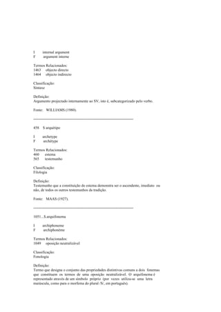 I internal argument
F argument interne
Termos Relacionados:
1463 objecto directo
1464 objecto indirecto
Classificação:
Sintaxe
Definição:
Argumento projectado internamente ao SV, isto é, subcategorizado pelo verbo.
Fonte: WILLIAMS (1980).
--------------------------------------------------------------------------------
458 $ arquétipo
I archetype
F archétype
Termos Relacionados:
460 estema
565 testemunho
Classificação:
Filologia
Definição:
Testemunho que a constituição do estema demonstra ser o ascendente, imediato ou
não, de todos os outros testemunhos da tradição.
Fonte: MAAS (1927).
--------------------------------------------------------------------------------
1051...$.arquifonema
I archiphoneme
F archiphonème
Termos Relacionados:
1049 oposição neutralizável
Classificação:
Fonologia
Definição:
Termo que designa o conjunto das propriedades distintivas comuns a dois fonemas
que constituem os termos de uma oposição neutralizável. O arquifonema é
representado através de um símbolo próprio (por vezes utiliza-se uma letra
maiúscula, como para o morfema do plural /S/, em português).
 