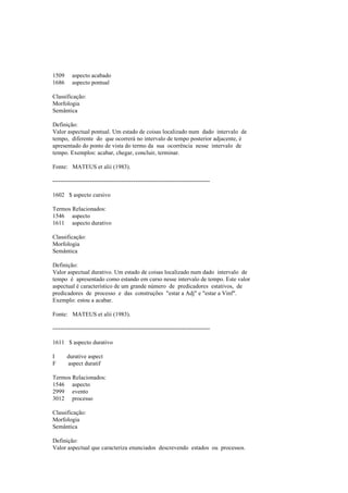 1509 aspecto acabado
1686 aspecto pontual
Classificação:
Morfologia
Semântica
Definição:
Valor aspectual pontual. Um estado de coisas localizado num dado intervalo de
tempo, diferente do que ocorrerá no intervalo de tempo posterior adjacente, é
apresentado do ponto de vista do termo da sua ocorrência nesse intervalo de
tempo. Exemplos: acabar, chegar, concluir, terminar.
Fonte: MATEUS et alii (1983).
--------------------------------------------------------------------------------
1602 $ aspecto cursivo
Termos Relacionados:
1546 aspecto
1611 aspecto durativo
Classificação:
Morfologia
Semântica
Definição:
Valor aspectual durativo. Um estado de coisas localizado num dado intervalo de
tempo é apresentado como estando em curso nesse intervalo de tempo. Este valor
aspectual é característico de um grande número de predicadores estativos, de
predicadores de processo e das construções "estar a Adj" e "estar a Vinf".
Exemplo: estou a acabar.
Fonte: MATEUS et alii (1983).
--------------------------------------------------------------------------------
1611 $ aspecto durativo
I durative aspect
F aspect duratif
Termos Relacionados:
1546 aspecto
2999 evento
3012 processo
Classificação:
Morfologia
Semântica
Definição:
Valor aspectual que caracteriza enunciados descrevendo estados ou processos.
 