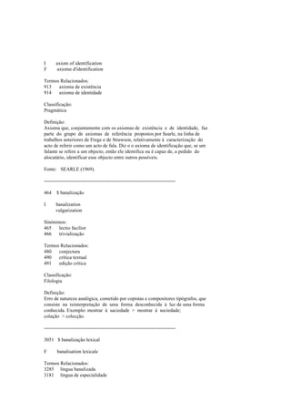 I axiom of identification
F axiome d'identification
Termos Relacionados:
913 axioma de existência
914 axioma de identidade
Classificação:
Pragmática
Definição:
Axioma que, conjuntamente com os axiomas de existência e de identidade, faz
parte do grupo de axiomas de referência propostos por Searle, na linha de
trabalhos anteriores de Frege e de Strawson, relativamente à caracterização do
acto de referir como um acto de fala. Diz o o axioma de identificação que, se um
falante se refere a um objecto, então ele identifica ou é capaz de, a pedido do
alocutário, identificar esse objecto entre outros possíveis.
Fonte: SEARLE (1969).
--------------------------------------------------------------------------------
464 $ banalização
I banalization
vulgarization
Sinónimos:
465 lectio facilior
466 trivialização
Termos Relacionados:
480 conjectura
490 crítica textual
491 edição crítica
Classificação:
Filologia
Definição:
Erro de natureza analógica, cometido por copistas e compositores tipógrafos, que
consiste na reinterpretação de uma forma desconhecida à luz de uma forma
conhecida. Exemplo: mostrar à saciedade > mostrar à sociedade;
colação > colecção.
--------------------------------------------------------------------------------
3051 $ banalização lexical
F banalisation lexicale
Termos Relacionados:
3285 língua banalizada
3181 língua de especialidade
 