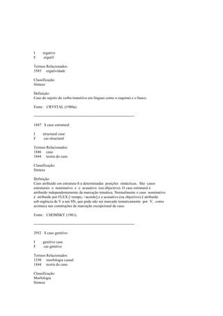 I ergative
F ergatif
Termos Relacionados:
3585 ergatividade
Classificação:
Sintaxe
Definição:
Caso do sujeito do verbo transitivo em línguas como o esquimó e o basco.
Fonte: CRYSTAL (1980a).
--------------------------------------------------------------------------------
1847 $ caso estrutural
I structural case
F cas structural
Termos Relacionados:
1846 caso
1844 teoria do caso
Classificação:
Sintaxe
Definição:
Caso atribuído em estrutura-S a determinadas posições sintácticas. São casos
estruturais o nominativo e o acusativo (ou objectivo). O caso estrutural é
atribuído independentemente da marcação temática. Normalmente o caso nominativo
é atribuído por FLEX [+tempo, +acordo] e o acusativo (ou objectivo) é atribuído
sob regência de V a um SN, que pode não ser marcado tematicamente por V, como
acontece nas construções de marcação excepcional de caso.
Fonte: CHOMSKY (1981).
--------------------------------------------------------------------------------
2952 $ caso genitivo
I genitive case
F cas génitive
Termos Relacionados:
1550 morfologia casual
1844 teoria do caso
Classificação:
Morfologia
Sintaxe
 