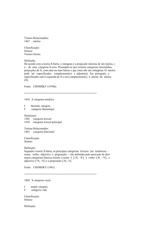 Termos Relacionados:
1467 núcleo
Classificação:
Sintaxe
Termos Gerais
Definição:
De acordo com a teoria X-barra, o sintagma é a projecção máxima de um núcleo, i.
e., de uma categoria X-zero. Pressupõe-se que existem categorias intermédias,
projecções de X, com uma ou mais barras e que estas não são sintagmas. O núcleo
pode ter especificador, complemento(s) e adjunto(s). Em português, o
especificador está à esquerda de X e o(s) complemento(s) à direita do núcleo
(X).
Fonte: CHOMSKY (1970b).
--------------------------------------------------------------------------------
1439 $ categoria temática
I thematic category
F catégorie thématique
Sinónimos:
1502 categoria lexical
1438 categoria lexical principal
Termos Relacionados:
1465 categoria funcional
Classificação:
Sintaxe
Definição:
Segundo a teoria X-barra, as principais categorias lexicais (ou temáticas) -
nome, verbo, adjectivo e preposição - são definidas pela associção de dois
traços categoriais básicos.Assim, o nome é [+N, -V], o verbo [-N, +V], o
adjectivo [+N, +V] e a preposição [-N, -V].
Fonte: CHOMSKY (1981).
--------------------------------------------------------------------------------
1869 $ categoria vazia
I empty category
F catégorie vide
Classificação:
Sintaxe
Definição:
 