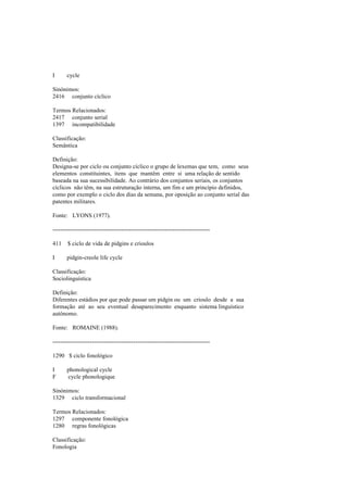 I cycle
Sinónimos:
2416 conjunto cíclico
Termos Relacionados:
2417 conjunto serial
1397 incompatibilidade
Classificação:
Semântica
Definição:
Designa-se por ciclo ou conjunto cíclico o grupo de lexemas que tem, como seus
elementos constituintes, itens que mantêm entre si uma relação de sentido
baseada na sua sucessibilidade. Ao contrário dos conjuntos seriais, os conjuntos
cíclicos não têm, na sua estruturação interna, um fim e um princípio definidos,
como por exemplo o ciclo dos dias da semana, por oposição ao conjunto serial das
patentes militares.
Fonte: LYONS (1977).
--------------------------------------------------------------------------------
411 $ ciclo de vida de pidgins e crioulos
I pidgin-creole life cycle
Classificação:
Sociolinguística
Definição:
Diferentes estádios por que pode passar um pidgin ou um crioulo desde a sua
formação até ao seu eventual desaparecimento enquanto sistema linguístico
autónomo.
Fonte: ROMAINE (1988).
--------------------------------------------------------------------------------
1290 $ ciclo fonológico
I phonological cycle
F cycle phonologique
Sinónimos:
1329 ciclo transformacional
Termos Relacionados:
1297 componente fonológica
1280 regras fonológicas
Classificação:
Fonologia
 