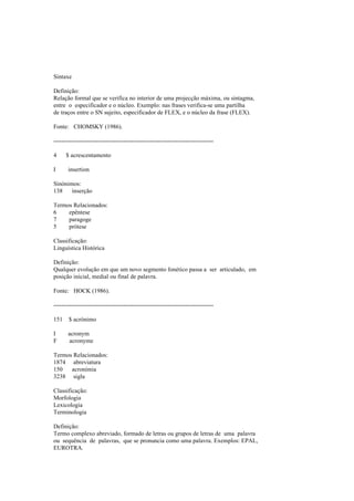Sintaxe
Definição:
Relação formal que se verifica no interior de uma projecção máxima, ou sintagma,
entre o especificador e o núcleo. Exemplo: nas frases verifica-se uma partilha
de traços entre o SN sujeito, especificador de FLEX, e o núcleo da frase (FLEX).
Fonte: CHOMSKY (1986).
--------------------------------------------------------------------------------
4 $ acrescentamento
I insertion
Sinónimos:
138 inserção
Termos Relacionados:
6 epêntese
7 paragoge
5 prótese
Classificação:
Linguística Histórica
Definição:
Qualquer evolução em que um novo segmento fonético passa a ser articulado, em
posição inicial, medial ou final de palavra.
Fonte: HOCK (1986).
--------------------------------------------------------------------------------
151 $ acrónimo
I acronym
F acronyme
Termos Relacionados:
1874 abreviatura
150 acronímia
3238 sigla
Classificação:
Morfologia
Lexicologia
Terminologia
Definição:
Termo complexo abreviado, formado de letras ou grupos de letras de uma palavra
ou sequência de palavras, que se pronuncia como uma palavra. Exemplos: EPAL,
EUROTRA.
 