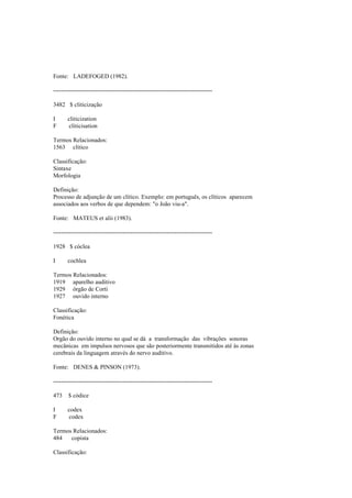Fonte: LADEFOGED (1982).
--------------------------------------------------------------------------------
3482 $ cliticização
I cliticization
F cliticisation
Termos Relacionados:
1563 clítico
Classificação:
Sintaxe
Morfologia
Definição:
Processo de adjunção de um clítico. Exemplo: em português, os clíticos aparecem
associados aos verbos de que dependem: "o João viu-a".
Fonte: MATEUS et alii (1983).
--------------------------------------------------------------------------------
1928 $ cóclea
I cochlea
Termos Relacionados:
1919 aparelho auditivo
1929 órgão de Corti
1927 ouvido interno
Classificação:
Fonética
Definição:
Orgão do ouvido interno no qual se dá a transformação das vibrações sonoras
mecânicas em impulsos nervosos que são posteriormente transmitidos até às zonas
cerebrais da linguagem através do nervo auditivo.
Fonte: DENES & PINSON (1973).
--------------------------------------------------------------------------------
473 $ códice
I codex
F codex
Termos Relacionados:
484 copista
Classificação:
 