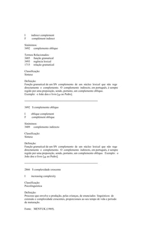 I indirect complement
F complément indirect
Sinónimos:
3492 complemento oblíquo
Termos Relacionados:
3485 função gramatical
3493 regência lexical
1715 relação gramatical
Classificação:
Sintaxe
Definição:
Função gramatical de um SN complemento de um núcleo lexical que não rege
directamente o complemento. O complemento indirecto, em português, é sempre
regido por uma preposição, sendo, portanto, um complemento oblíquo.
Exemplo: o João deu o livro [SP ao Pedro].
--------------------------------------------------------------------------------
3492 $ complemento oblíquo
I oblique complement
F complément oblique
Sinónimos:
3489 complemento indirecto
Classificação:
Sintaxe
Definição:
Função gramatical de um SN complemento de um núcleo lexical que não rege
directamente o complemento. O complemento indirecto, em português, é sempre
regido por uma preposição, sendo, portanto, um complemento oblíquo. Exemplo: o
João deu o livro [SP ao Pedro].
--------------------------------------------------------------------------------
2866 $ complexidade crescente
I increasing complexity
Classificação:
Psicolinguística
Definição:
Processo que envolve a produção, pelas crianças, de enunciados linguísticos de
extensão e complexidade crescentes, proporcionais ao seu tempo de vida e período
de maturação.
Fonte: MENYUK (1969).
 