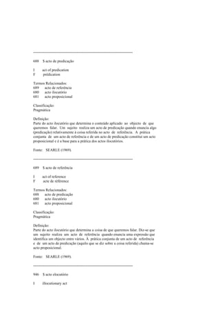 --------------------------------------------------------------------------------
688 $ acto de predicação
I act of predication
F prédication
Termos Relacionados:
689 acto de referência
680 acto ilocutório
681 acto proposicional
Classificação:
Pragmática
Definição:
Parte do acto ilocutório que determina o conteúdo aplicado ao objecto de que
queremos falar. Um sujeito realiza um acto de predicação quando enuncia algo
(predicação) relativamente à coisa referida no acto de referência. A prática
conjunta de um acto de referência e de um acto de predicação constitui um acto
proposicional e é a base para a prática dos actos ilocutórios.
Fonte: SEARLE (1969).
--------------------------------------------------------------------------------
689 $ acto de referência
I act of reference
F acte de référence
Termos Relacionados:
688 acto de predicação
680 acto ilocutório
681 acto proposicional
Classificação:
Pragmática
Definição:
Parte do acto ilocutório que determina a coisa de que queremos falar. Diz-se que
um sujeito realiza um acto de referência quando enuncia uma expressão que
identifica um objecto entre vários. À prática conjunta de um acto de referência
e de um acto de predicação (aquilo que se diz sobre a coisa referida) chama-se
acto proposicional.
Fonte: SEARLE (1969).
--------------------------------------------------------------------------------
946 $ acto elocutório
I illocutionary act
 