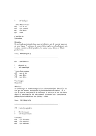 F acte phatique
Termos Relacionados:
683 acto de fala
691 acto fonético
692 acto rético
693 fema
Classificação:
Pragmática
Definição:
Na teorização austiniana designa-se por acto fático o acto de enunciar palavras
de uma língua. A realização de um acto fático implica a realização de um acto
fonético; o contrário não é verdadeiro. Ao realizar actos fáticos, o falante
produz femas.
Fonte: AUSTIN (1962).
--------------------------------------------------------------------------------
691 $ acto fonético
I phonetic act
F acte phonétique
Termos Relacionados:
683 acto de fala
690 acto fático
692 acto rético
Classificação:
Pragmática
Definição:
Na terminologia de Austin este tipo de acto consiste na simples articulação de
sons por um falante, distinguindo-se por isso mesmo de acto fático, i. e., o
acto de enunciar certas palavras de uma língua. A realização de um acto fático
implica a realização de um acto fonético; o contrário não é verdadeiro. O
produto da realização de um acto fonético é o fone.
Fonte: AUSTIN (1962).
--------------------------------------------------------------------------------
695 $ acto ilocucionário
I illocutionary act
F acte illocutionnaire
Sinónimos:
946 acto elocutório
696 acto ilocutivo
680 acto ilocutório
 