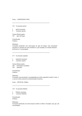 Fonte: LADEFOGED (1982).
--------------------------------------------------------------------------------
316 $ consoante apical
I apical consonant
F consonne apicale
Termos Relacionados:
327 apex da língua
Classificação:
Fonética
Definição:
Consoante produzida com intervenção do apex da língua. Esta articulação
encontra-se presente nos sons retroflexos e, por exemplo, na variante dialectal
da fricativa /s/ no português.
--------------------------------------------------------------------------------
317 $ consoante aspirada
I aspirated consonant
F consonne aspirée
Termos Relacionados:
296 articulação secundária
224 aspiração
Classificação:
Fonética
Definição:
Consoante cuja articulação é acompanhada por ruído respiratório audível, como é
o caso de certas oclusivas em determinados contextos.
Fonte: CRYSTAL (1980a).
--------------------------------------------------------------------------------
318 $ consoante bilabial
I bilabial consonant
F consonne bilabiale
Classificação:
Fonética
Definição:
Consoante produzida com intervenção de ambos os lábios. Exemplos: [m], [p], [b]
em português.
 